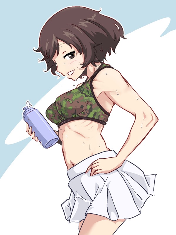 1girl akiyama_yukari bangs bottle bra brown_eyes brown_hair camouflage camouflage_bra commentary cowboy_shot from_side girls_und_panzer green_bra grin half-closed_eyes hand_on_hip holding holding_bottle leaning_forward looking_at_viewer messy_hair miniskirt navel no_shirt pleated_skirt ribs short_hair skirt smile solo stggc sweat underwear water_bottle white_skirt