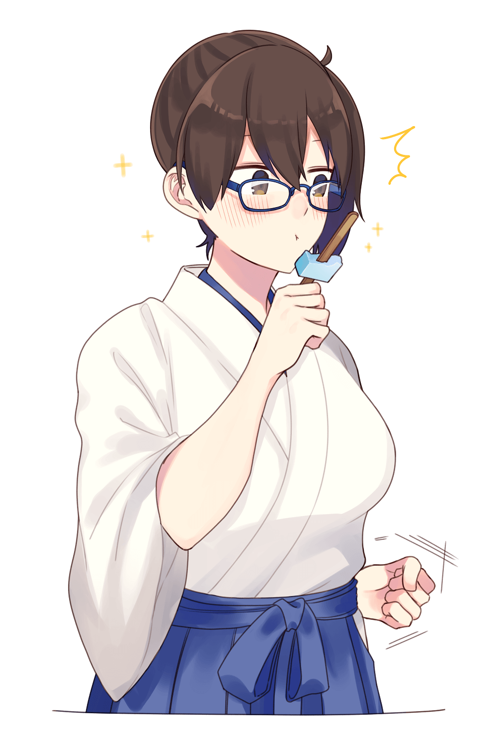 1girl bespectacled blue-framed_eyewear brown_eyes brown_hair clenched_hand food glasses highres holding holding_food ice_cream japanese_clothes kaga_(kantai_collection) kantai_collection long_hair side_ponytail simple_background solo tanaka_io_(craftstudio) white_background