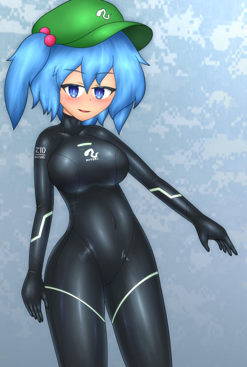 bangs blue_eyes blue_hair bodysuit breasts covered_navel diving_suit flat_cap green_headwear hair_bobbles hair_ornament hat highres julian_semenov kawashiro_nitori large_breasts latex medium_hair short_twintails sidelocks skin_tight touhou twintails two_side_up wetsuit