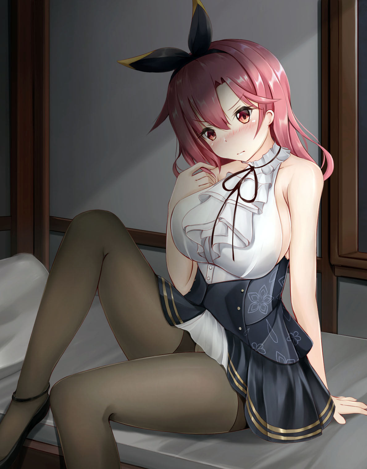 1girl arm_support azur_lane bangs bare_arms bare_shoulders black_footwear black_hairband black_legwear black_prince_(azur_lane) black_ribbon black_skirt blush breasts closed_mouth commentary_request eyebrows_visible_through_hair floral_print hair_between_eyes hair_ribbon hairband hand_up highres knee_up large_breasts long_hair mctom nose_blush on_bed pantyhose pillow red_eyes redhead ribbon shirt shoes sitting sitting_on_bed skirt sleeveless sleeveless_shirt solo thighband_pantyhose v-shaped_eyebrows white_shirt