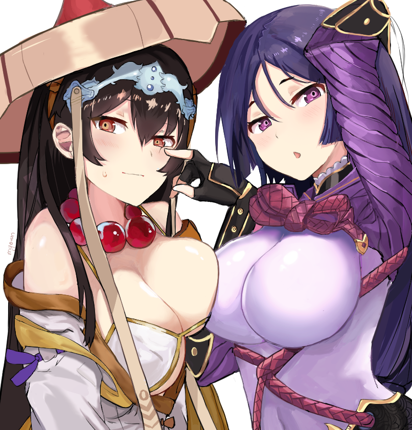 :t bangs bead_necklace beads bikini bikini_top black_gloves black_hair bodysuit breast_press breasts bridal_gauntlets cheek_poking fate/grand_order fate_(series) fingerless_gloves gloves jewelry large_breasts long_hair looking_at_viewer minamoto_no_raikou_(fate/grand_order) multiple_girls myown necklace open_mouth parted_bangs poking prayer_beads purple_bodysuit purple_hair red_eyes ribbed_sleeves rope swimsuit symmetrical_docking upper_body very_long_hair violet_eyes white_bikini xuanzang_(fate/grand_order)