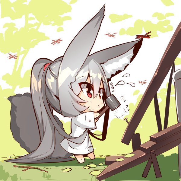 1girl :&lt; absurdly_long_hair afterimage animal animal_ear_fluff animal_ears bangs barefoot blush bug chibi closed_mouth commentary_request day dirty_clothes dirty_face dragonfly eyebrows_visible_through_hair flying_sweatdrops fox_ears fox_girl fox_tail hair_between_eyes hammer high_ponytail holding holding_hammer insect japanese_clothes kimono long_hair long_sleeves looking_away nail original outdoors patches ponytail red_eyes silver_hair solo standing tail translated very_long_hair white_kimono wide_sleeves yuuji_(yukimimi)