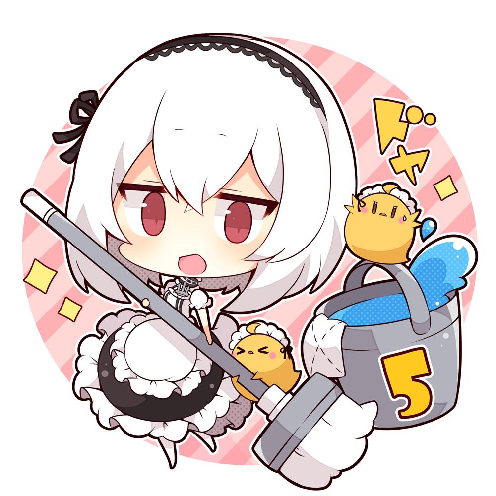 &gt;_&lt; 1girl :d afterimage ahoge anchor animal apron azur_lane bangs bird black_skirt bucket chibi chick closed_eyes commentary_request diagonal-striped_background diagonal_stripes eyebrows_visible_through_hair frilled_apron frilled_skirt frills full_body hair_between_eyes holding holding_mop maid maid_headdress manjuu_(azur_lane) mop muuran official_art open_mouth puffy_short_sleeves puffy_sleeves rag red_eyes short_sleeves sirius_(azur_lane) skirt smile solo striped striped_background sweat waist_apron water white_apron white_hair