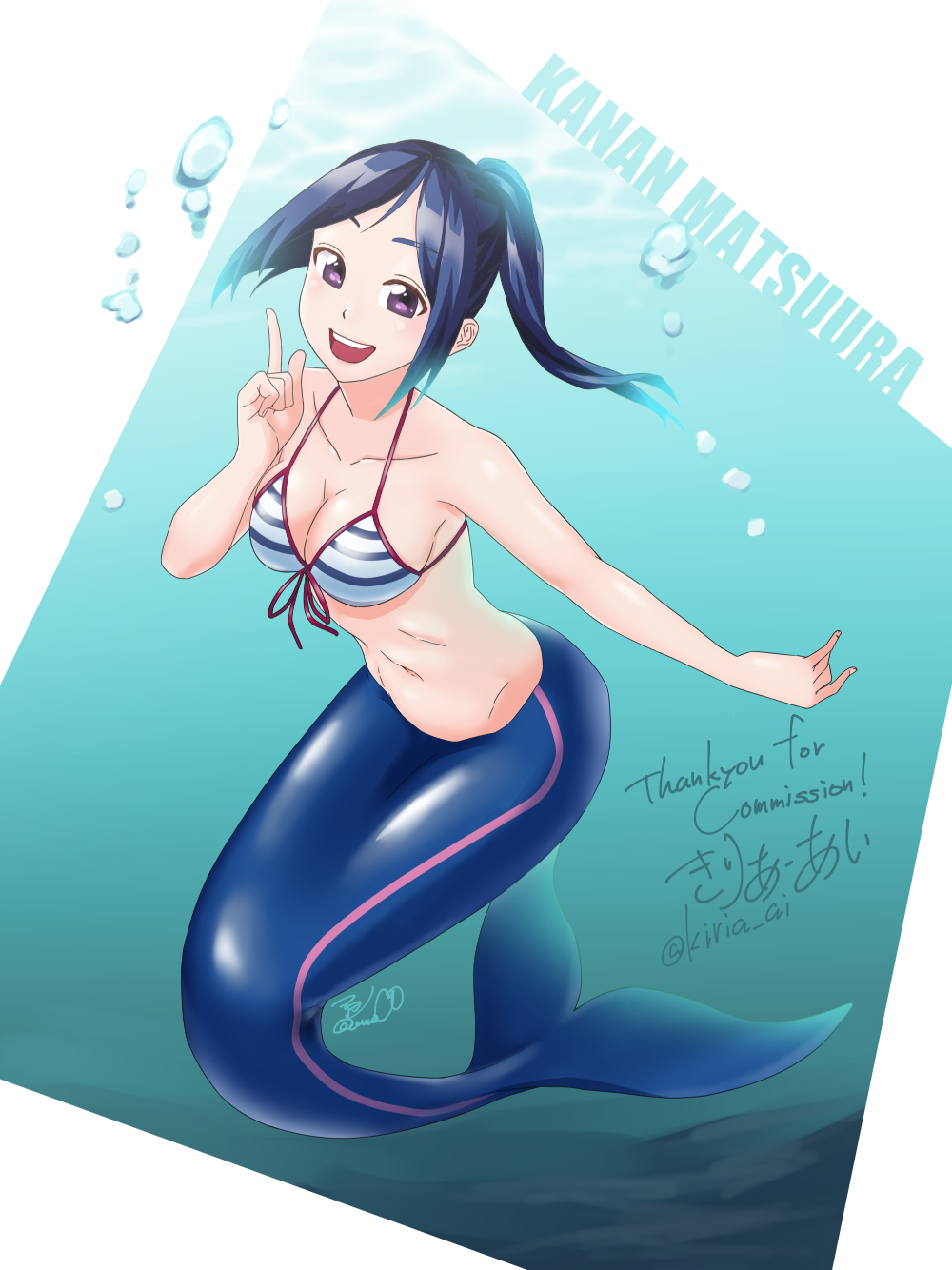 1girl :d air_bubble artist_name black_hair blue_hair breasts bubble character_name commission english_text full_body gradient_hair highres index_finger_raised long_hair looking_at_viewer love_live! love_live!_school_idol_project love_live!_sunshine!! matsuura_kanan medium_breasts mermaid monster_girl monsterification multicolored_hair navel nawoto_oota open_mouth ponytail signature simple_background smile solo striped_bikini_top thank_you underwater violet_eyes