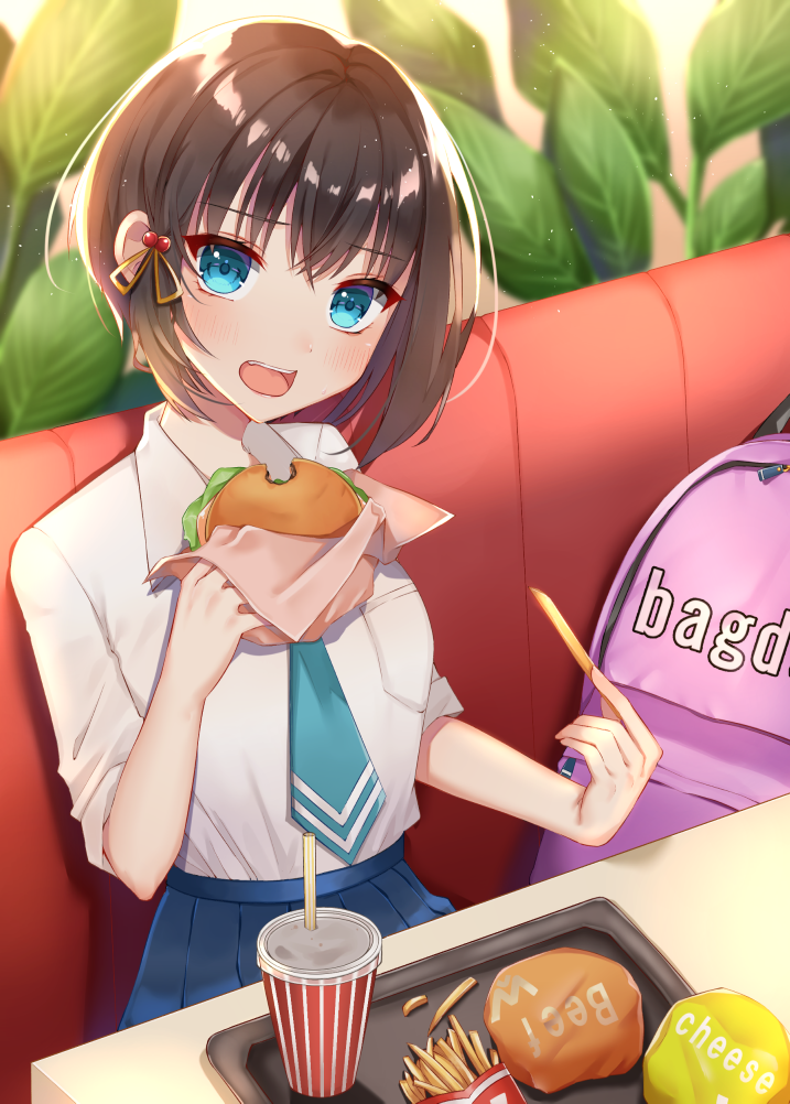 1girl backpack bag blue_eyes blue_neckwear blue_skirt brown_hair cup disposable_cup eating food french_fries hair_ornament hamburger indoors itoi_toi necktie open_mouth original school_uniform shirt short_hair sitting skirt smile table tray white_shirt