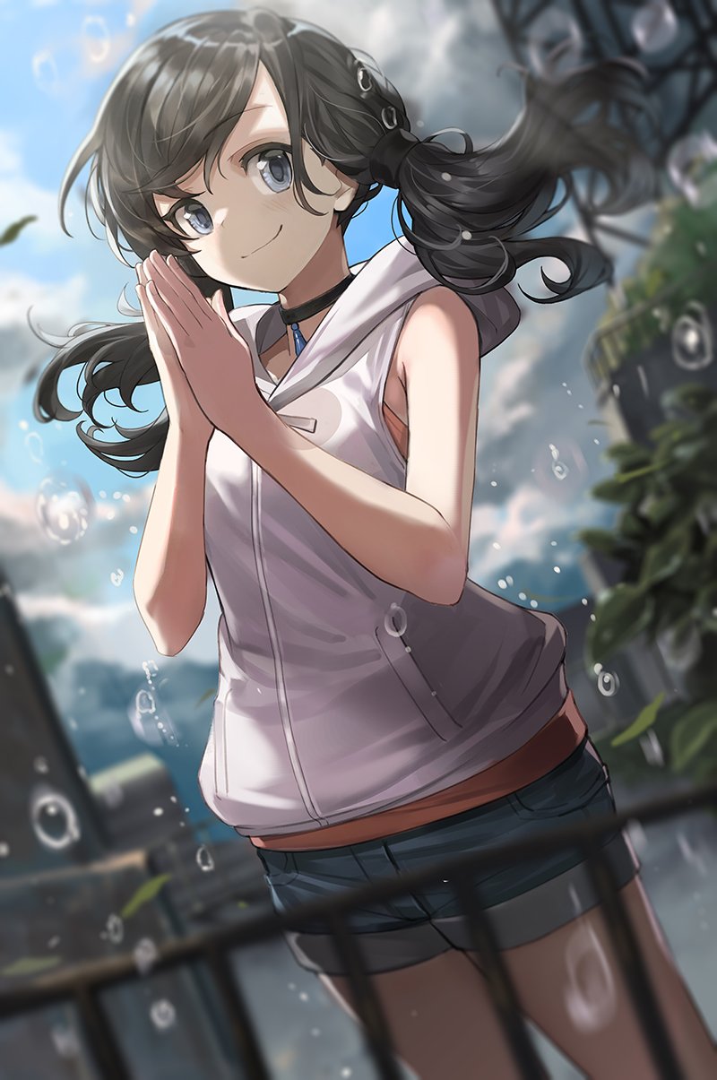 1girl amano_hina_(tenki_no_ko) bangs bare_arms bare_shoulders black_hair black_neckwear blue_neckwear blurry blurry_background blurry_foreground choker clouds cloudy_sky dutch_angle eyebrows_visible_through_hair goomrrat grey_eyes hands_together highres hood hood_down hooded_jacket jacket jewelry long_hair low_twintails short_shorts shorts sky sleeveless sleeveless_jacket smile solo tenki_no_ko twintails water_drop