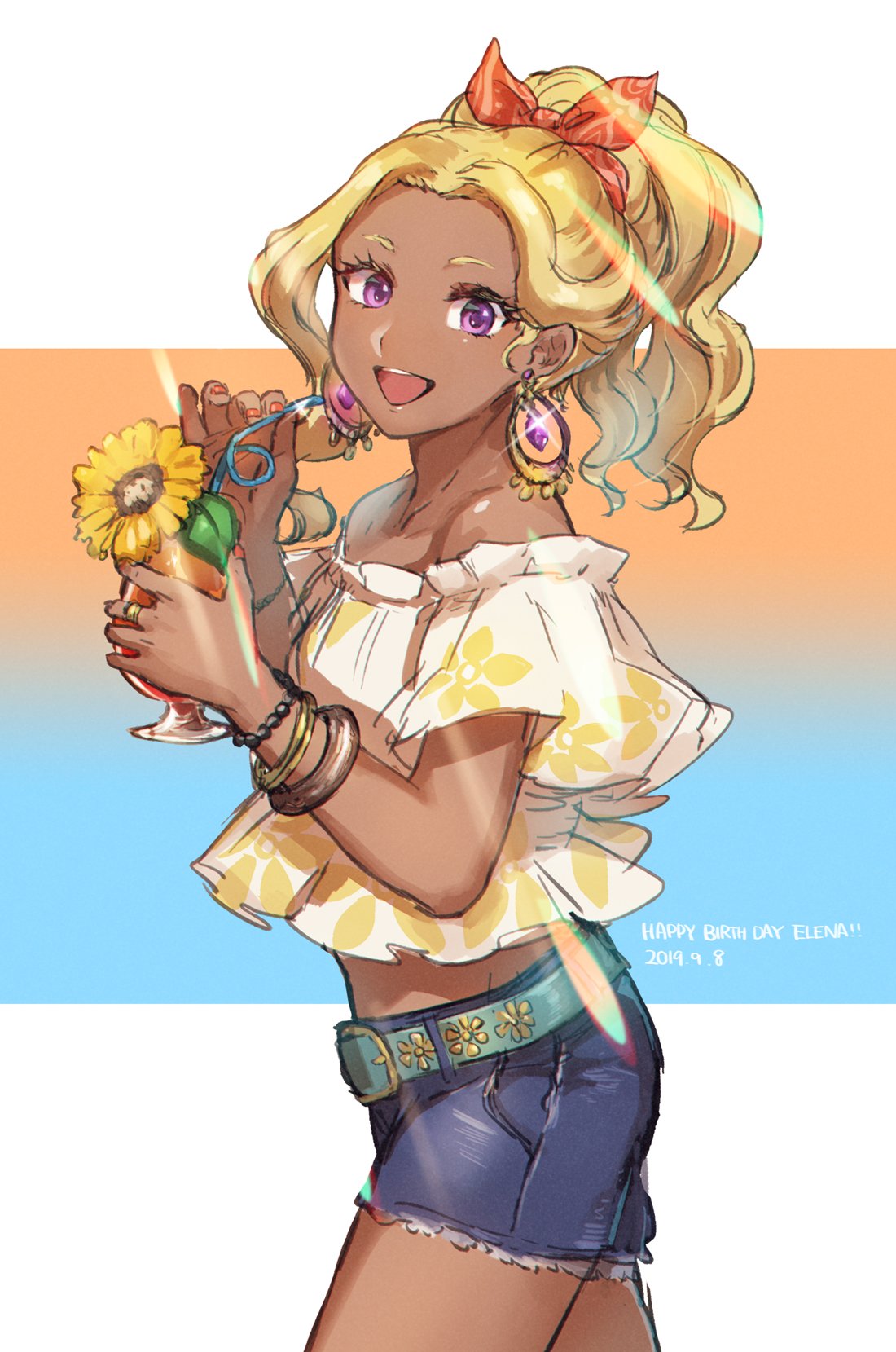 1girl :d amamiya_erena belt belt_buckle blonde_hair blue_belt blue_shorts bow bracelet buckle collarbone cowboy_shot cup dark_skin denim denim_shorts drinking_straw earrings flower from_side hair_bow high_ponytail highres holding holding_cup jewelry long_hair looking_at_viewer midriff nail_polish off-shoulder_shirt off_shoulder open_mouth orange_nails precure print_shirt red_bow ring shimatani_azu shirt short_shorts short_sleeves shorts sketch smile solo sparkle standing star_twinkle_precure sunflower violet_eyes white_background white_shirt yellow_flower