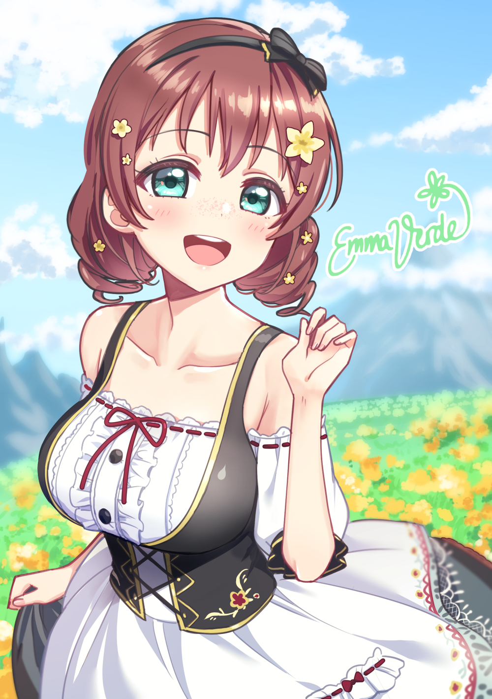 1girl bangs black_hairband black_skirt blue_eyes blue_sky blush bow braid breasts brown_hair character_name day deadnooodles emma_verde field flower flower_field frills hair_flower hair_ornament hairband highres large_breasts long_hair looking_at_viewer love_live! love_live!_sunshine!! mountain open_mouth outdoors perfect_dream_project ribbon_trim short_sleeves skirt sky smile standing symbol_commentary twin_braids
