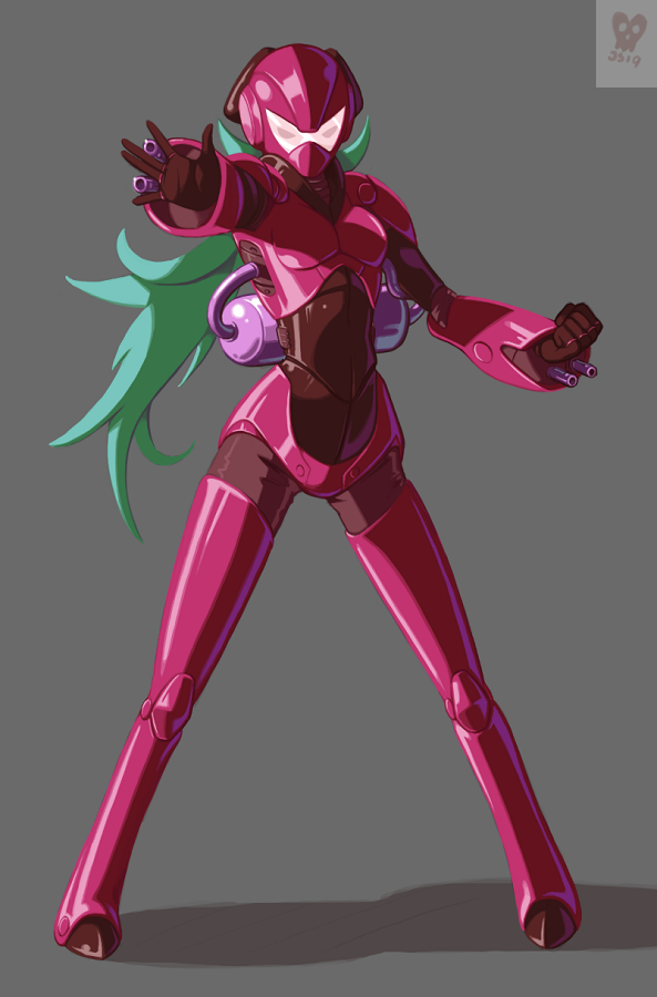 1girl aiming arm_cannon bodysuit bubblegum_crisis clenched_hand commentary covered_face english_commentary full_body green_hair grey_background hardsuit helmet joakim_sandberg long_hair long_legs outstretched_arm pigeon-toed power_armor solo standing visor weapon