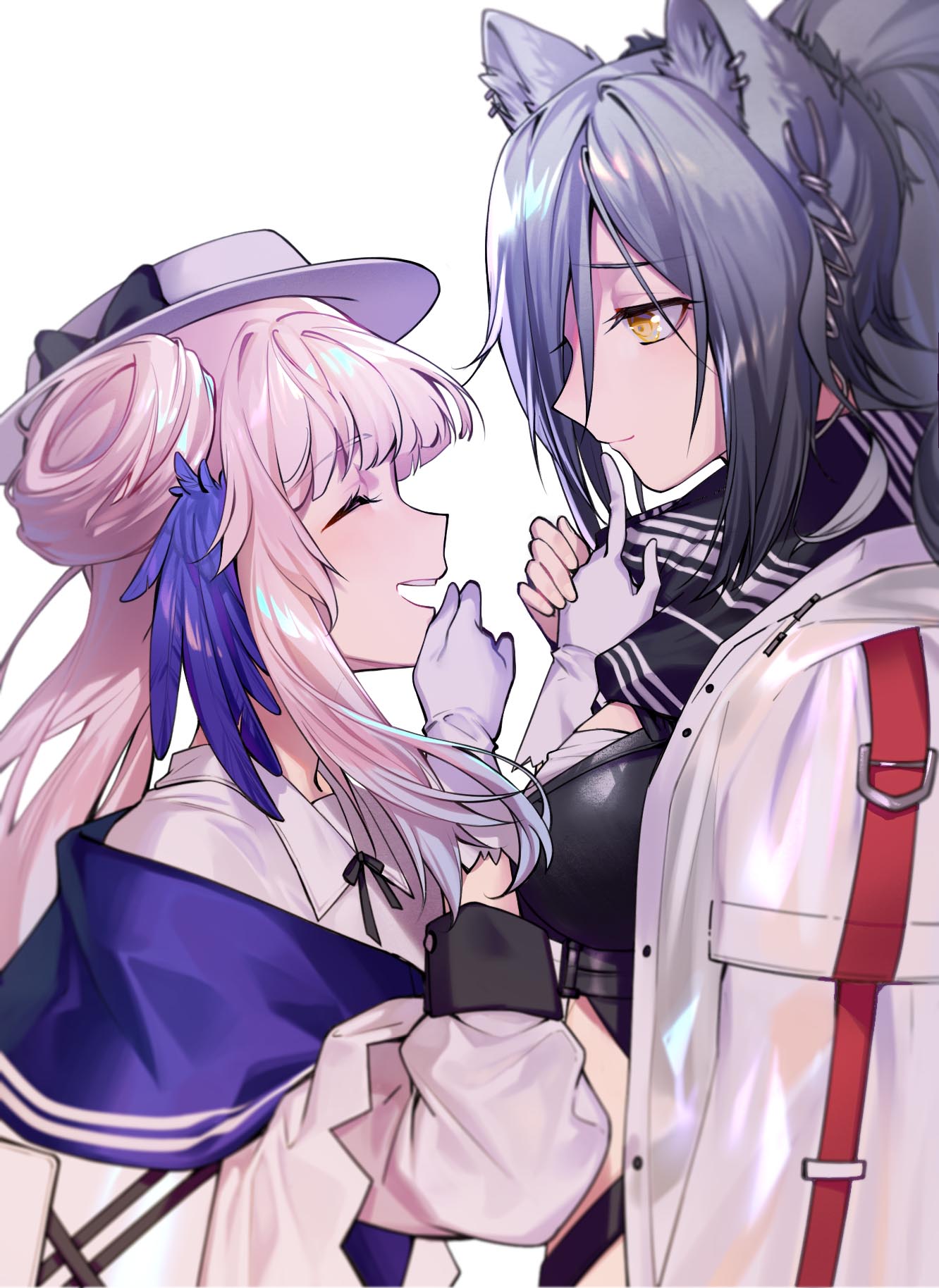 2girls adjusting_headwear animal_ear_fluff animal_ears arknights bangs black_ribbon black_scarf ceylon_(arknights) closed_eyes collared_shirt ear_piercing eyebrows_visible_through_hair feathers finger_to_another's_mouth gloves gradient_hair hair_bun hair_feathers hand_on_another's_hand hat hat_ribbon highres izumi4195202 long_hair long_sleeves looking_at_another multicolored_hair multiple_girls piercing ribbon scarf schwarz_(arknights) shirt simple_background smile two-tone_dress yellow_eyes yuri