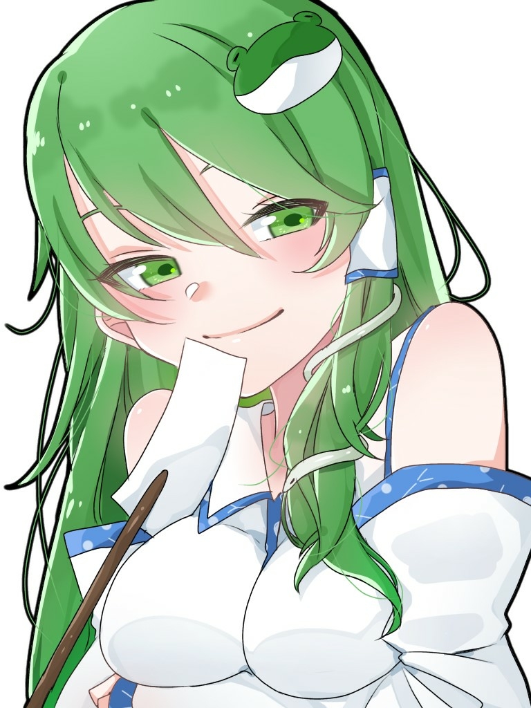 1girl bangs bare_shoulders blush breast_hold breasts commentary_request detached_sleeves eringi_(rmrafrn) frog_hair_ornament green_eyes green_hair hair_between_eyes hair_ornament hair_tubes kochiya_sanae long_hair long_sleeves looking_at_viewer medium_breasts shirt simple_background single_sidelock smile snake_hair_ornament solo touhou upper_body white_background white_shirt