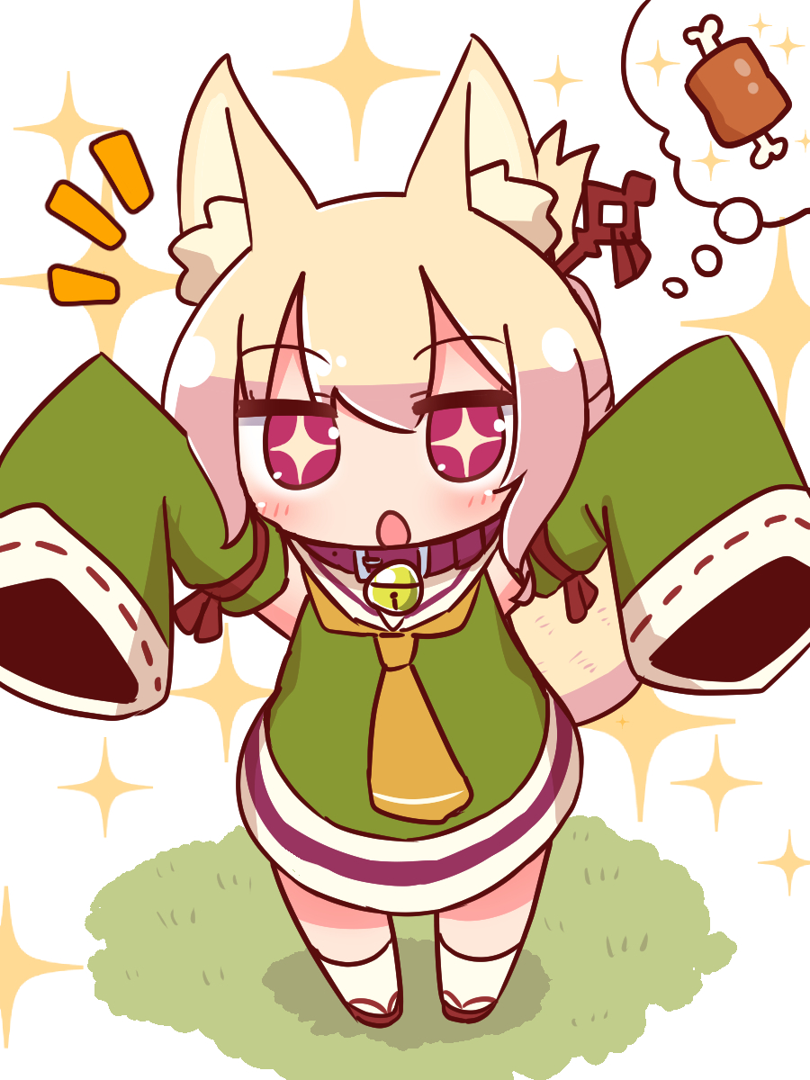 +_+ 1girl :o animal_ear_fluff animal_ears arms_up bangs blonde_hair blush boned_meat brown_collar detached_sleeves dress eyebrows_visible_through_hair food fox_ears fox_girl fox_tail green_dress green_sleeves hair_between_eyes hair_bun hair_ornament highres kemomimi-chan_(naga_u) kneehighs long_hair long_sleeves looking_at_viewer meat naga_u orange_neckwear original outstretched_arms parted_lips red_eyes red_footwear ribbon-trimmed_sleeves ribbon_trim sidelocks simple_background sleeveless sleeveless_dress sleeves_past_fingers sleeves_past_wrists solo sparkle spoken_food standing tail thought_bubble white_background white_legwear zouri