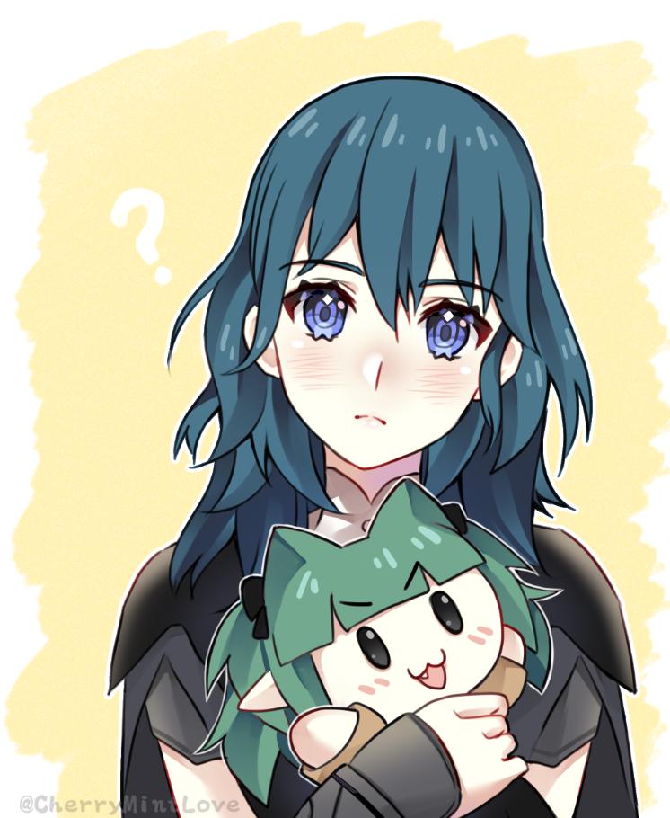 1girl ? blue_eyes blue_hair byleth_(fire_emblem) byleth_eisner_(female) byleth_eisner_(female) character_doll cherrymintlove closed_mouth cute doll fire_emblem fire_emblem:_three_houses fire_emblem:_three_houses fire_emblem_16 holding holding_doll intelligent_systems medium_hair nintendo simple_background solo sothis_(fire_emblem) twitter_username upper_body yellow_background