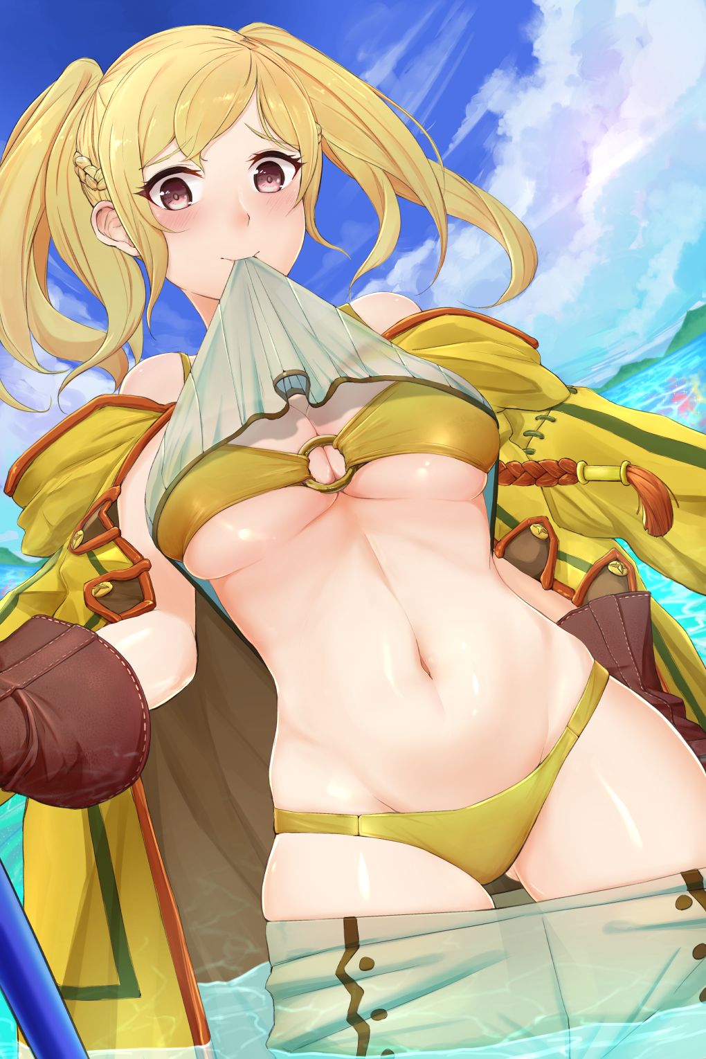 1girl alternate_color alternate_hair_color ass_visible_through_thighs beach bikini bikini_under_clothes blonde_hair blue_sky coat fire_emblem fire_emblem_awakening fire_emblem_heroes gloves highres ippers jacket_on_shoulders looking_at_viewer mountainous_horizon mouth_hold navel o-ring o-ring_bikini ocean pants_down partially_submerged robin_(fire_emblem) robin_(fire_emblem)_(female) shirt_lift sky solo stomach super_smash_bros. swimsuit thigh_gap twintails undressing