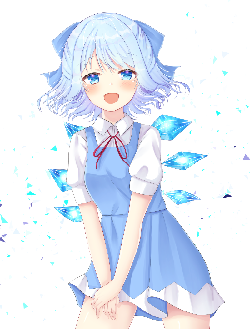 1girl :d bangs blue_dress blue_eyes blue_hair blush cirno commentary_request confetti contrapposto cowboy_shot dress eyebrows_visible_through_hair hair_ribbon hands_on_own_leg hands_together looking_at_viewer nibosisuzu open_mouth pinafore_dress puffy_short_sleeves puffy_sleeves red_neckwear red_ribbon ribbon shirt short_hair short_sleeves smile solo standing touhou white_background white_shirt wings