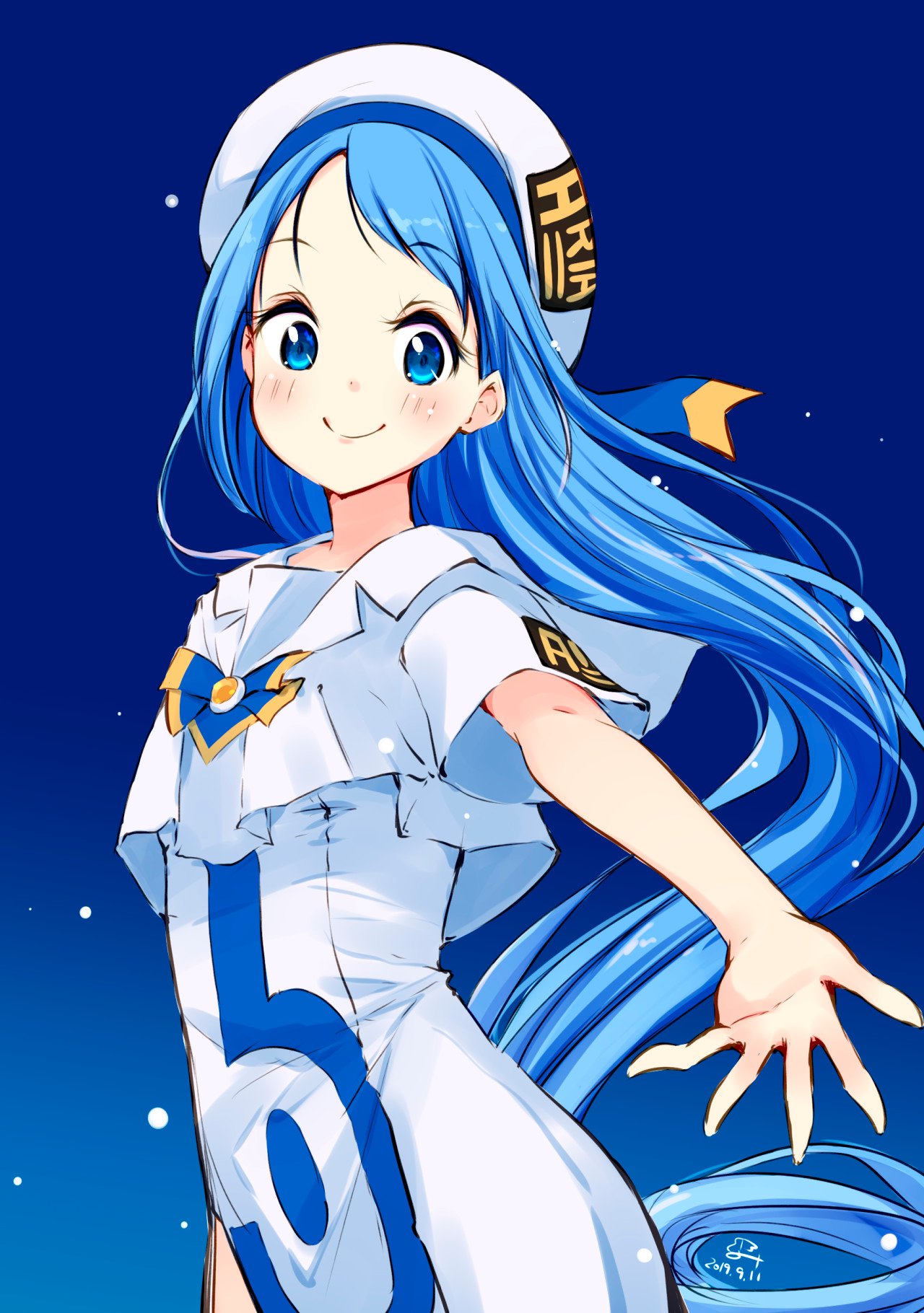 1girl aria aria_company_uniform bangs blue_background blue_eyes blue_hair blush clothes_writing cosplay dated eyebrows_visible_through_hair hat highres kantai_collection long_hair minidraco ribbon samidare_(kantai_collection) short_sleeves side_slit signature simple_background smile solo swept_bangs very_long_hair white_headwear