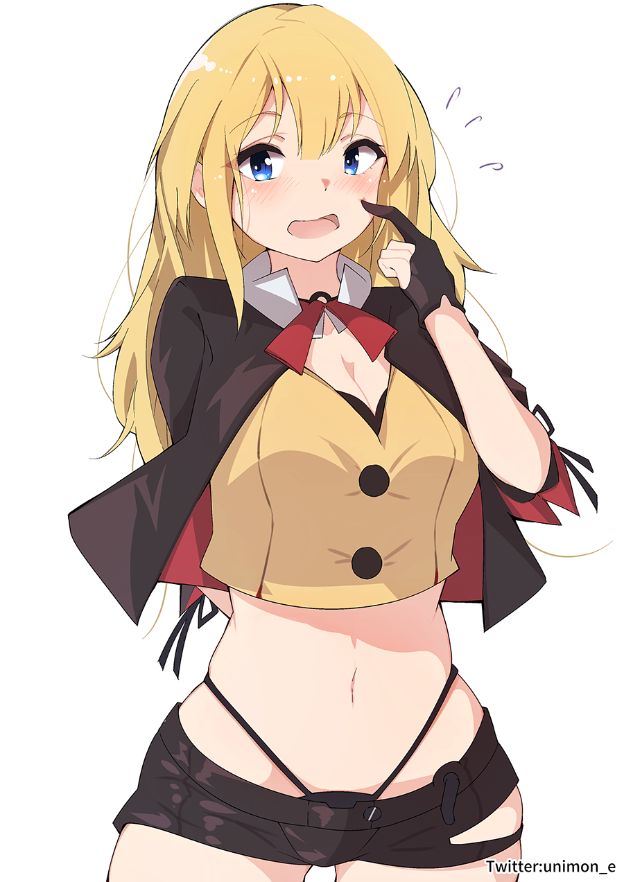 1girl alternate_hairstyle blonde_hair blue_eyes blush cowboy_shot embarrassed eyepatch eyepatch_removed finger_to_cheek fingerless_gloves girls_frontline gloves highres long_hair looking_at_viewer midriff open_mouth short_shorts shorts simple_background skorpion_(girls_frontline) solo sweat thong twitter_username unimon white_background