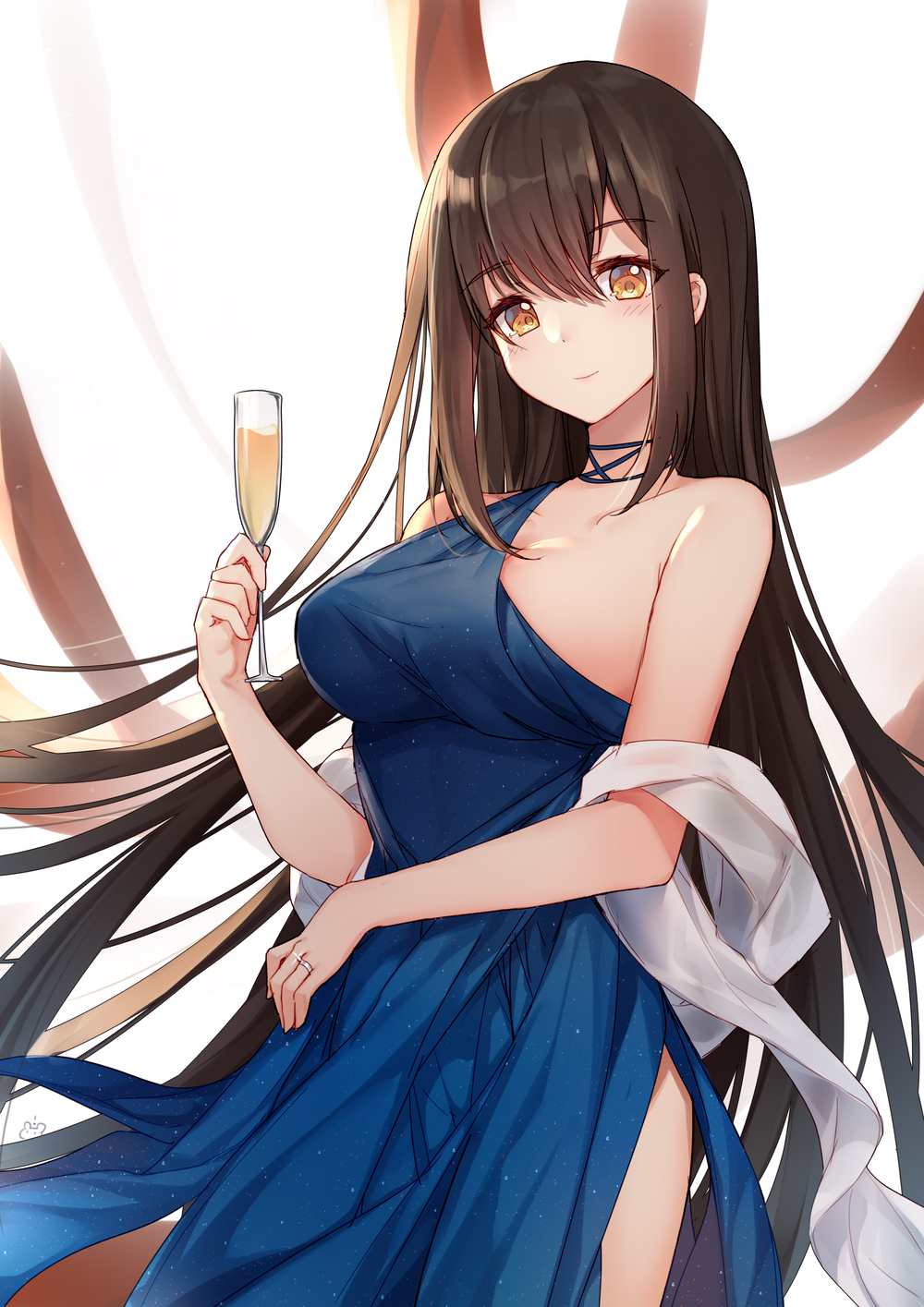 1girl bare_shoulders bison_cangshu blue_dress blush breasts brown_eyes brown_hair champagne_flute collarbone commentary_request cowboy_shot cup dress drink drinking_glass hair_between_eyes hermes_(warship_girls_r) highres holding holding_cup large_breasts long_hair looking_at_viewer shawl side_slit sidelocks smile solo standing very_long_hair warship_girls_r