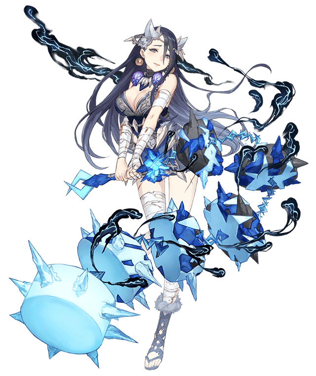 1girl bandages black_hair blood blue_eyes breasts circlet earrings flail full_body fur_trim hair_ornament hair_over_one_eye holding holding_weapon injury jewelry ji_no kaguya_hime_(sinoalice) large_breasts looking_at_viewer official_art sinoalice smoke solo transparent_background weapon