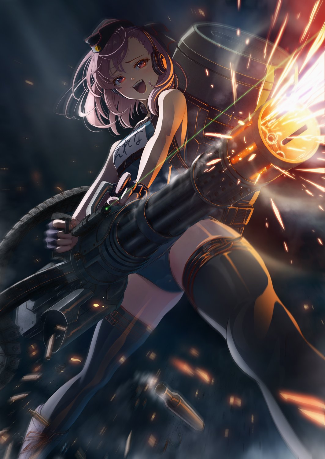 1girl bangs bare_arms bare_shoulders belt_feed black_gloves black_legwear blue_swimsuit commentary dutch_angle fate/grand_order fate_(series) fingerless_gloves firing from_below gatling_gun gloves hat headphones helena_blavatsky_(fate/grand_order) helena_blavatsky_(swimsuit_archer)_(fate) highres imizu_(nitro_unknown) legs_apart looking_at_viewer minigun one-piece_swimsuit open_mouth purple_hair red_eyes school_swimsuit shell_casing short_hair smile solo standing swimsuit thigh-highs upper_teeth