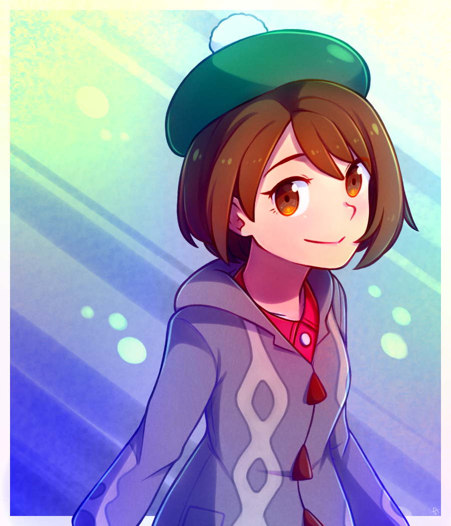 1girl brown_eyes brown_hair commentary english_commentary female_protagonist_(pokemon_swsh) grey_jacket hat jacket looking_at_viewer pokemon pokemon_(game) pokemon_swsh pom_pom_(clothes) short_hair smile solo speckticuls tam_o'_shanter