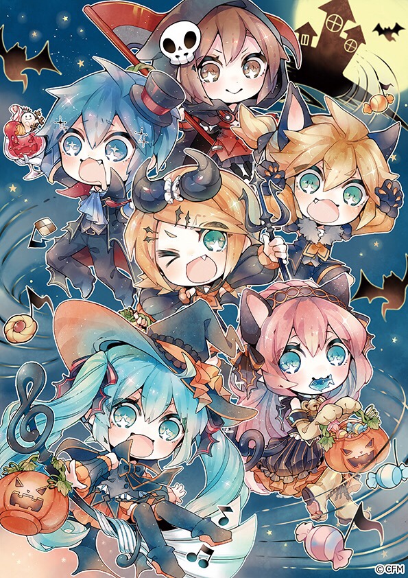 2boys 4girls animal_ears bangs bare_shoulders basket bat beamed_eighth_notes bell bell_collar blonde_hair blue_eyes blue_hair boots broom broom_riding brown_eyes brown_hair candy cape cat_paws chibi claw_pose collar commentary cookie dessert dress eighth_note everyone fang fish fish_in_mouth food frilled_dress frills full_moon ghost hair_ornament hairclip halloween handkerchief hat hatsune_miku headband helmet holding_pitchfork hood hooded_cape horned_helmet jack-o'-lantern kagamine_len kagamine_rin kaito mansion megurine_luka meiko mini_hat mini_top_hat moon multiple_boys multiple_girls musical_note neck_bell night night_sky niwako one_eye_closed open_mouth pants paws pitchfork saliva scythe short_hair sky smile spiky_hair star_(sky) starry_sky swept_bangs top_hat treble_clef trick_or_treat vocaloid