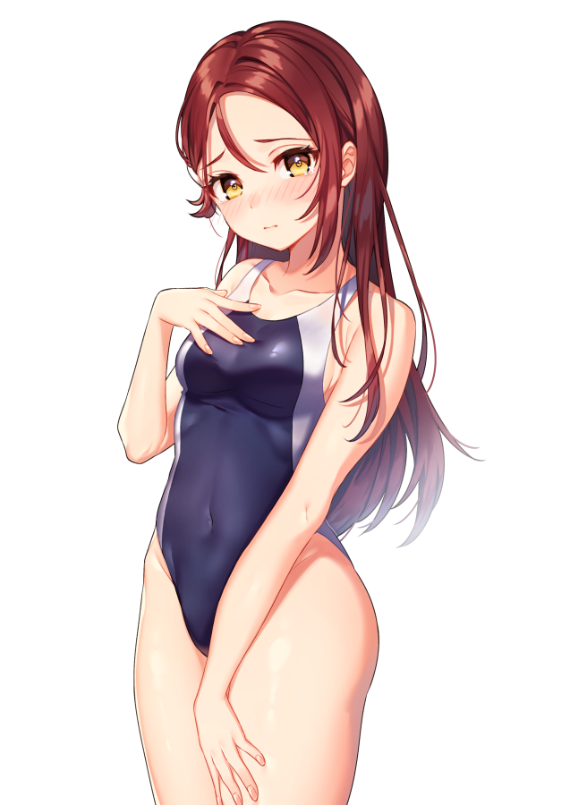 1girl bare_arms bare_shoulders blush breasts brown_eyes closed_mouth collarbone competition_swimsuit covered_navel cowboy_shot hand_on_own_chest hand_up long_hair looking_at_viewer love_live! love_live!_sunshine!! medium_breasts moyui_(myi_005) nose_blush one-piece_swimsuit redhead sakurauchi_riko sidelocks simple_background solo standing swimsuit thighs white_background