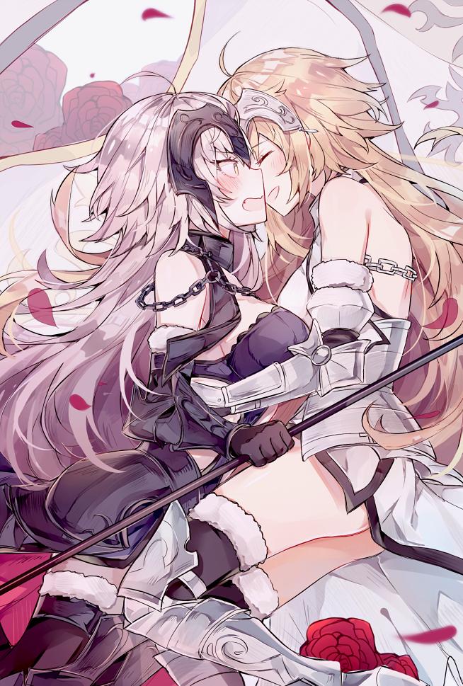 2girls ahoge armor armored_dress bangs banner blonde_hair breasts chain closed_eyes commentary fate/grand_order fate_(series) faulds flag flower fur_trim gauntlets headpiece hug jeanne_d'arc_(alter)_(fate) jeanne_d'arc_(fate) jeanne_d'arc_(fate)_(all) kvlen large_breasts long_hair lying multiple_girls on_side open_mouth plackart rose silver_hair standard_bearer thigh-highs tsurime yellow_eyes yuri