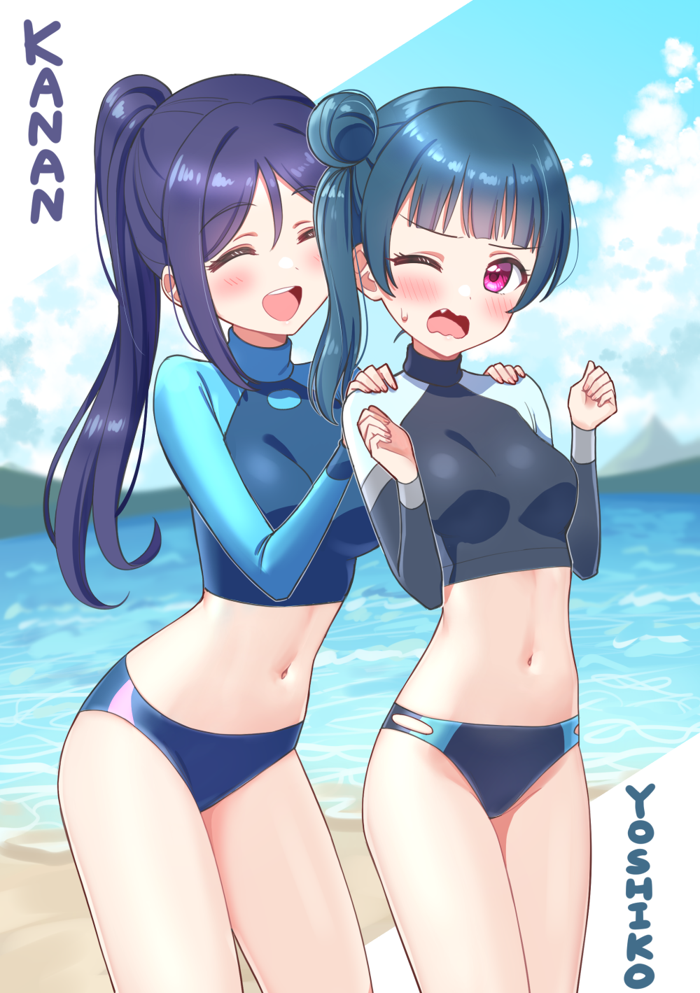 2girls :d bangs black_shirt blue_hair blue_shirt blue_sky blush breasts character_name clouds crop_top day deadnooodles eyebrows_visible_through_hair fang fingernails hands_on_another's_shoulders highres long_hair love_live! love_live!_sunshine!! matsuura_kanan medium_breasts multiple_girls navel one_eye_closed open_mouth ponytail round_teeth shirt sky small_breasts smile standing sweat teeth tsushima_yoshiko upper_teeth very_long_hair violet_eyes water wavy_mouth