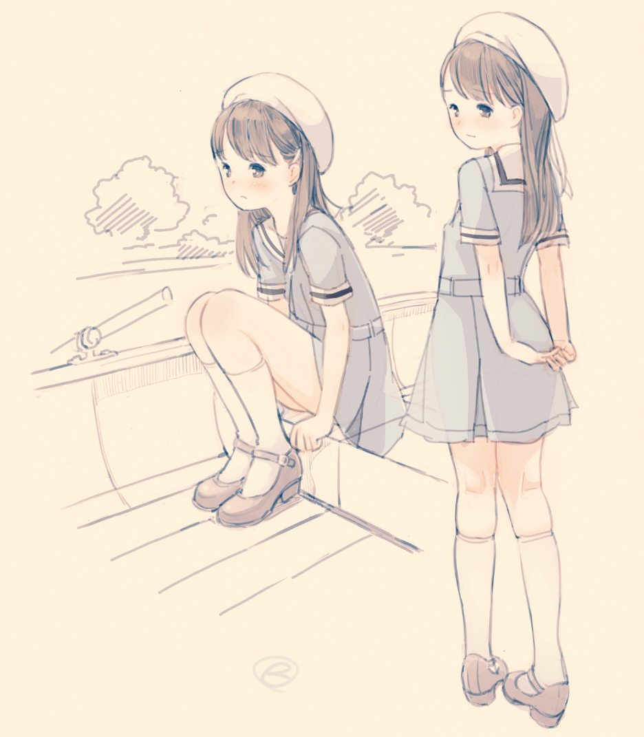 2girls arms_behind_back bangs beret blue_shirt blue_skirt blush brown_background brown_eyes brown_footwear brown_hair closed_mouth clouds eyebrows_visible_through_hair grey_legwear hat kneehighs knees_up kokudou_juunigou long_hair multiple_girls original outdoors pleated_skirt rowboat sailor_collar shirt shoes short_sleeves sitting skindentation skirt standing water white_headwear white_sailor_collar