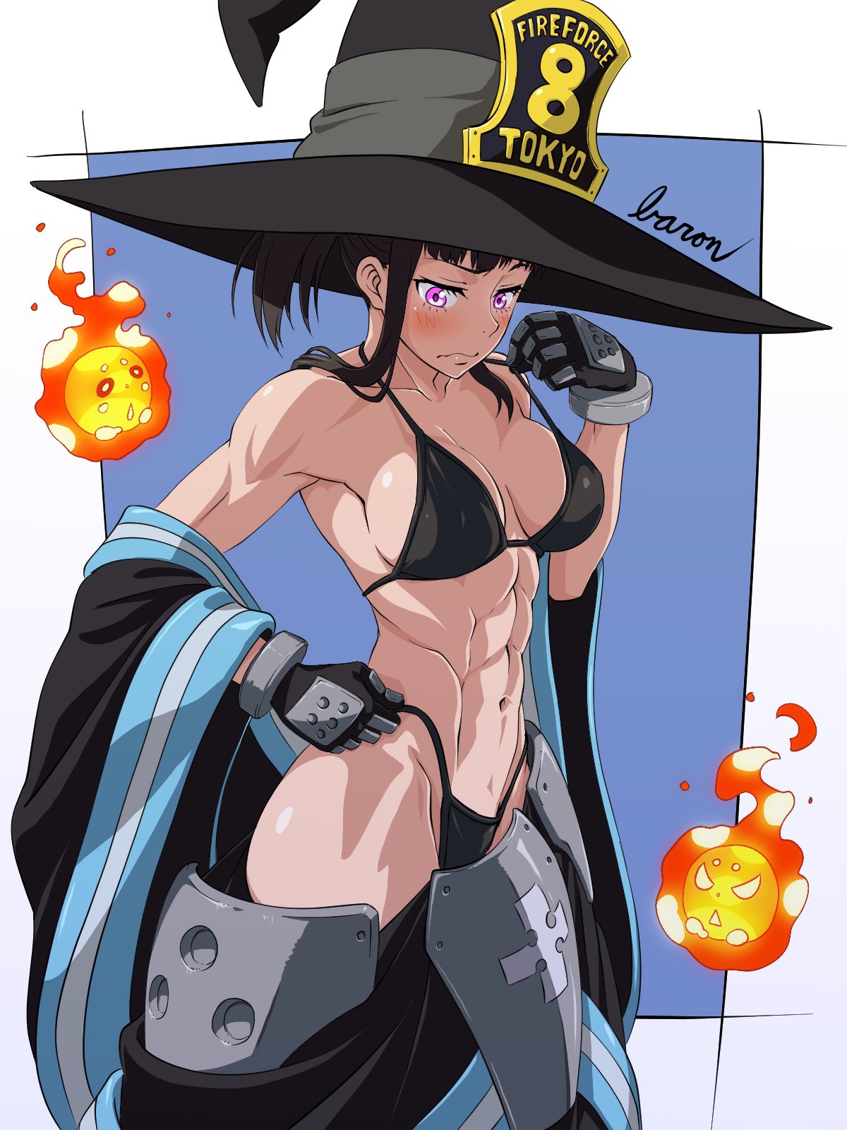 abs badge baron_(varon666) bikini black_bikini black_gloves blue_background breasts coat collarbone commentary_request cowboy_shot en'en_no_shouboutai gloves hat highleg highleg_bikini highleg_swimsuit highres maki_oze medium_breasts sidelocks standing swimsuit two-tone_background violet_eyes white_background witch_hat