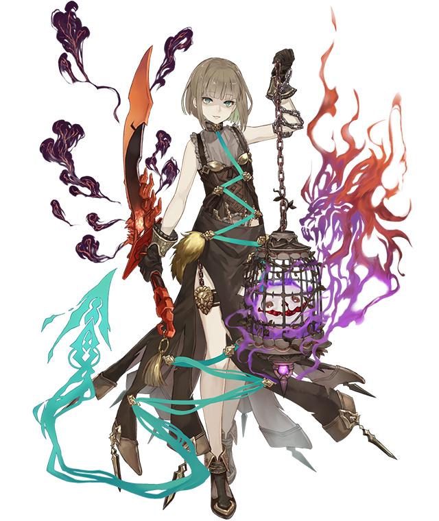 1girl ankle_boots aqua_eyes birdcage boots brown_hair cage chain dress eyebrows_visible_through_hair full_body gloves gretel_(sinoalice) grin hansel_(sinoalice) ji_no looking_at_viewer official_art reverse_grip shaded_face short_hair side_slit sinoalice smile solo sword thigh_strap transparent_background weapon