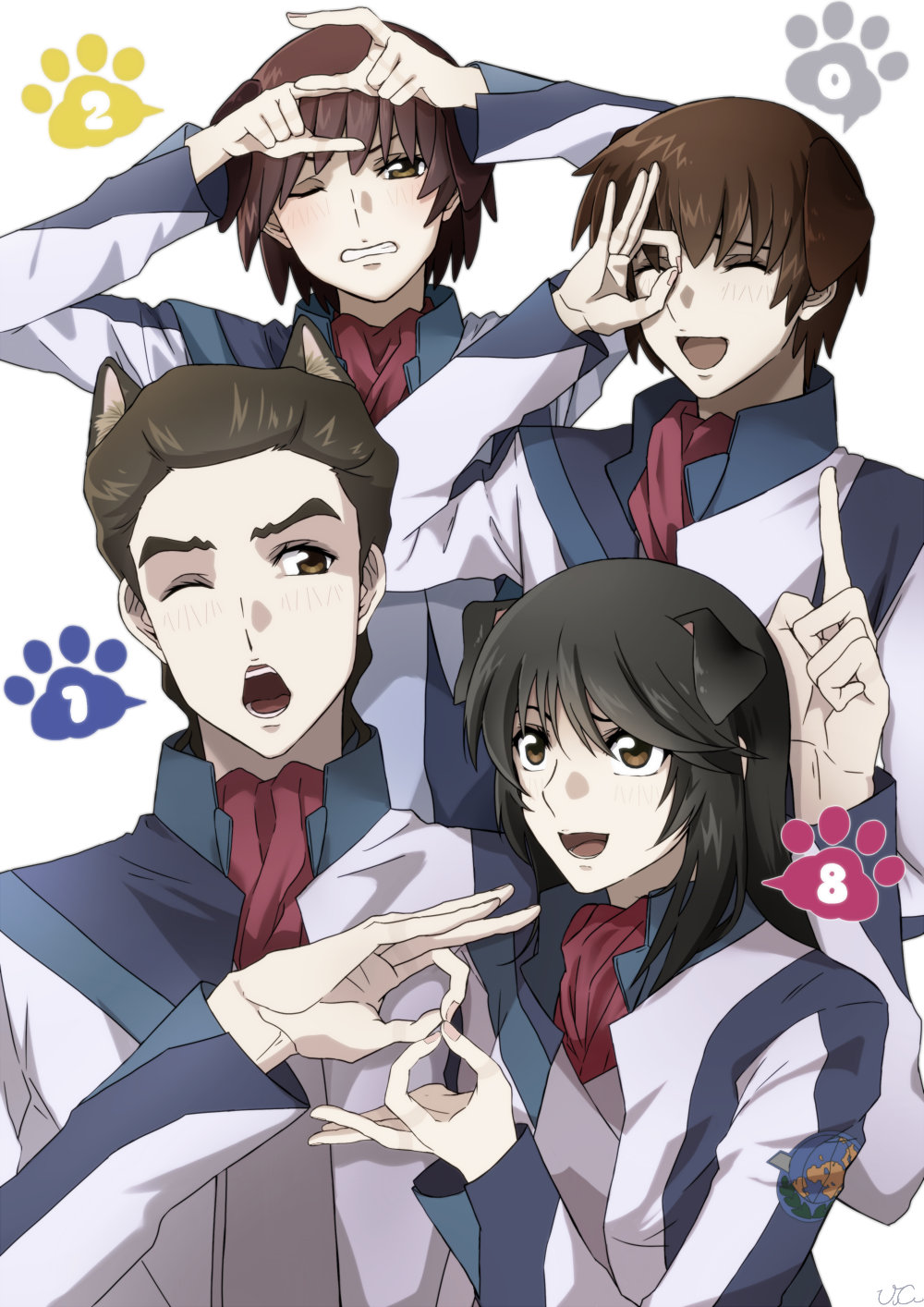 2boys 2girls animal_ear_fluff animal_ears arms_up artist_name black_hair blush brown_eyes brown_hair cat_ears clenched_teeth closed_eyes dog_ears douma_hiroto embarrassed finger_marks highres long_hair long_sleeves multiple_boys multiple_girls nishio_akira nishio_rina one_eye_closed open_mouth pointing pointing_up short_hair siblings simple_background smile soukyuu_no_fafner tatekami_seri teeth twins uc_(8rk3) uniform white_background