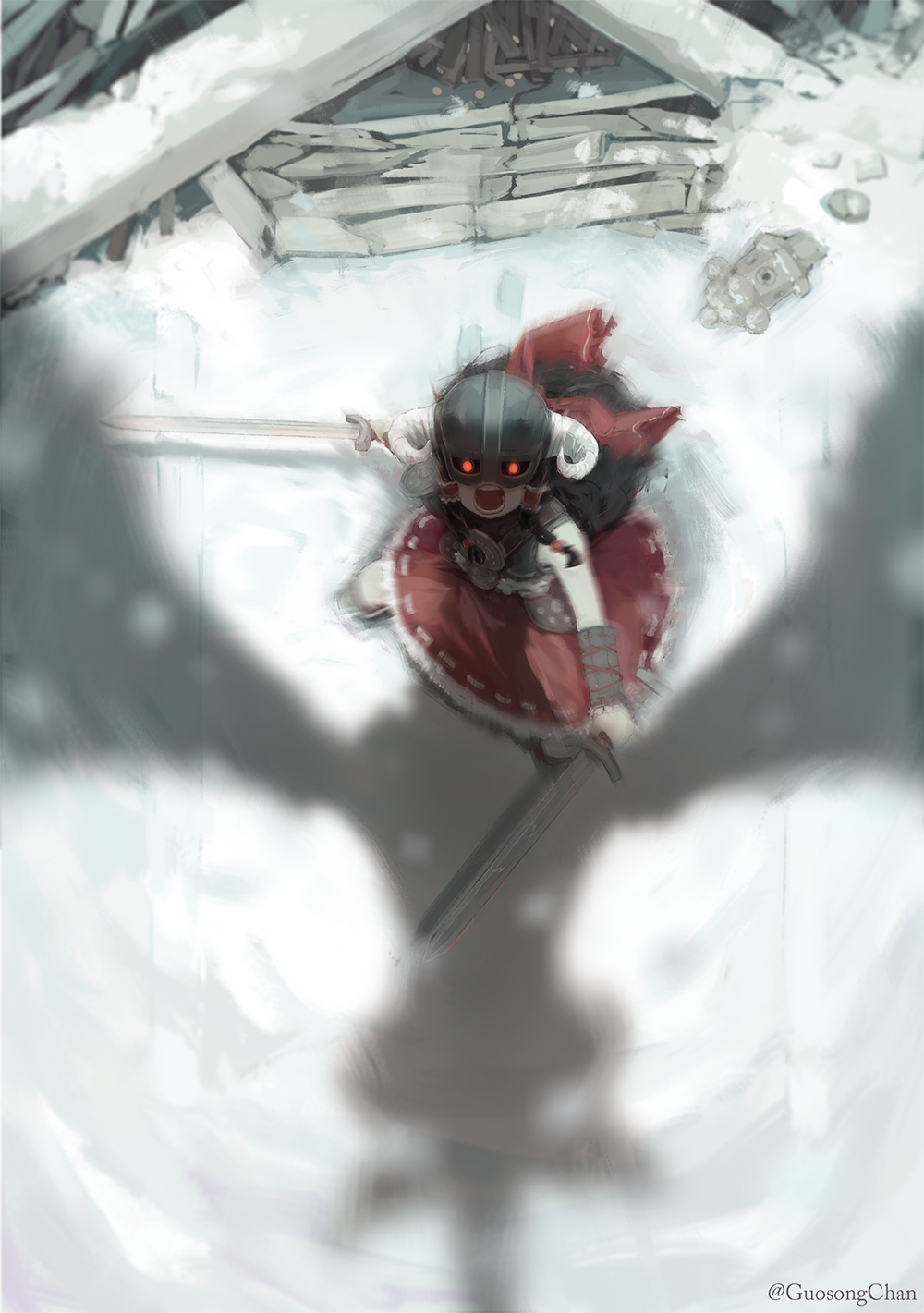 1girl armor black_hair bow commentary_request dual_wielding glowing glowing_eyes gsong-chan hair_bow hair_tubes hakurei_reimu helmet highres holding holding_sword holding_weapon horned_helmet long_hair open_mouth red_bow red_eyes red_skirt shadow sidelocks skirt snow solo sword teeth the_elder_scrolls the_elder_scrolls_v:_skyrim touhou vambraces weapon