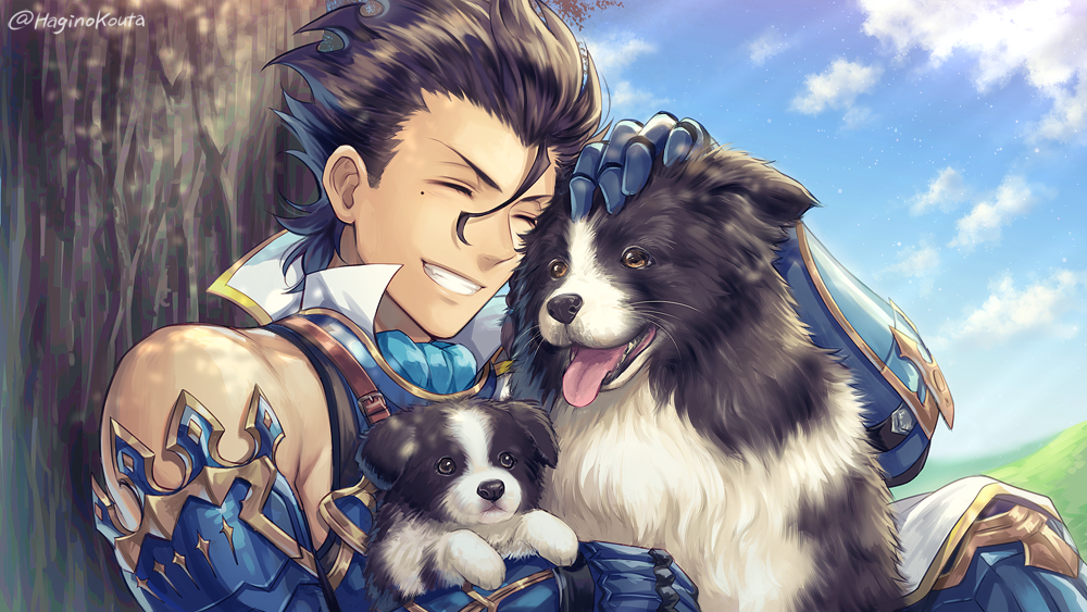 1boy animal bare_shoulders black_hair blue_sky brown_eyes closed_eyes clouds commentary_request day diarmuid_ua_duibhne_(fate/grand_order) dog fate/grand_order fate_(series) gauntlets grin hagino_kouta hair_strand male_focus mole mole_under_eye outdoors sky sleeveless smile solo tongue tongue_out tree twitter_username upper_body v-shaped_eyebrows