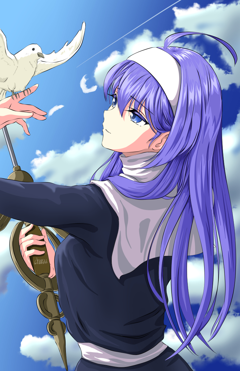 1girl ahoge arm_up artist_name bird bird_on_hand black_dress blue_eyes blue_hair blue_sky chaesu clouds colored_eyelashes condensation_trail day dove dress eyebrows_visible_through_hair hairband highres holding holding_sword holding_weapon huge_ahoge light_smile long_hair looking_up orie_(under_night_in-birth) outdoors rapier sky solo standing sword under_night_in-birth upper_body very_long_hair weapon white_hairband