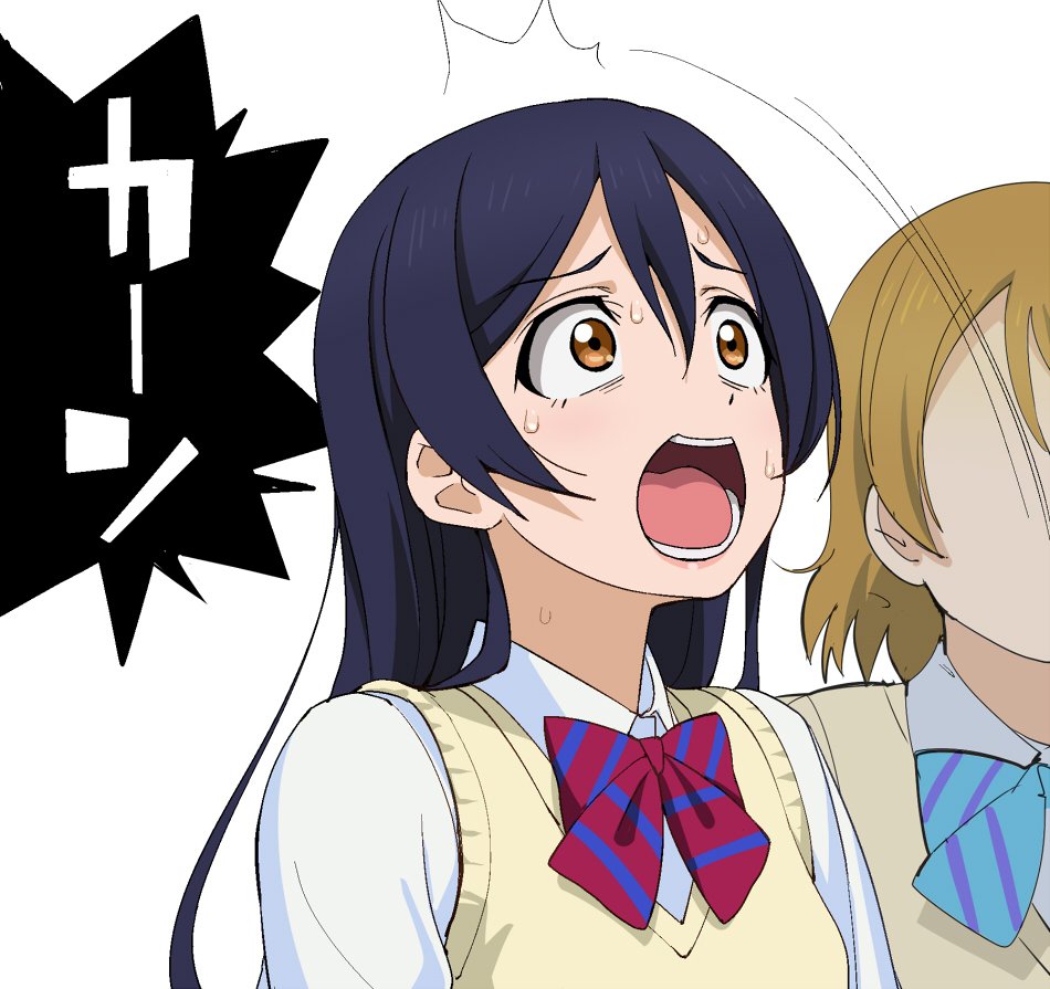 a1 bangs blue_hair blush bow bowtie commentary_request eyebrows_visible_through_hair hair_between_eyes koizumi_hanayo long_hair love_live! love_live!_school_idol_project multiple_girls open_mouth otonokizaka_school_uniform red_neckwear school_uniform simple_background solo_focus sonoda_umi striped striped_neckwear sweatdrop vest white_background yellow_eyes