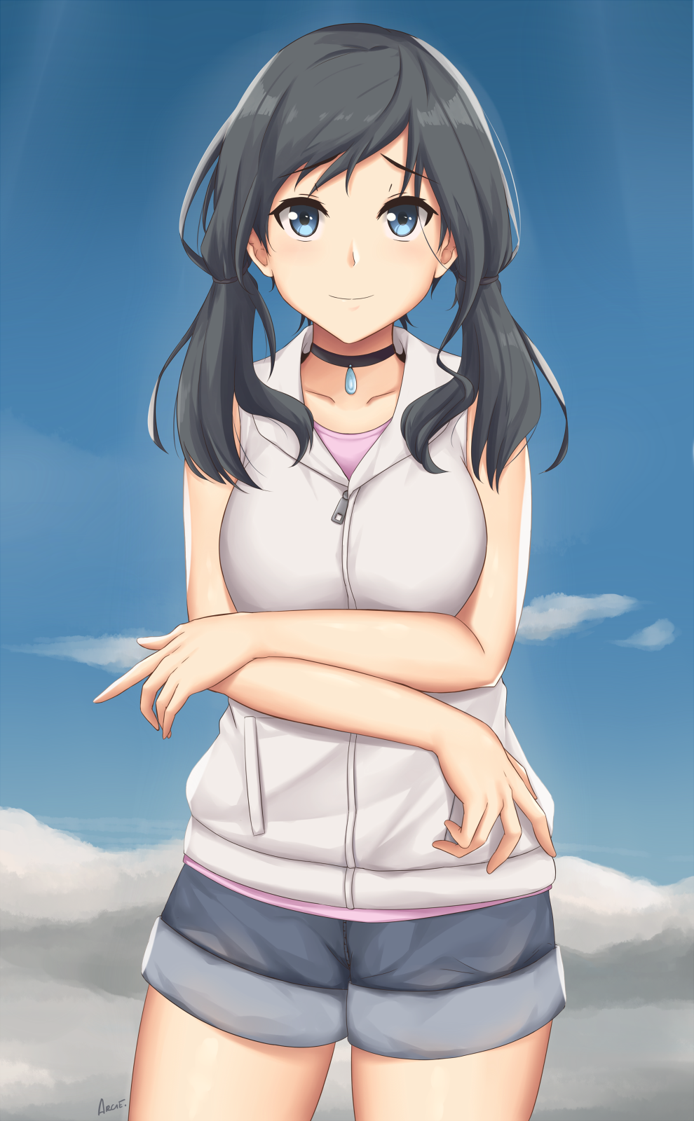 1girl amano_hina_(tenki_no_ko) arciealbano artist_name bare_arms bare_shoulders black_choker black_hair black_shorts blue_eyes blue_sky choker clouds collarbone commentary_request cowboy_shot crossed_arms day english_commentary eyebrows_visible_through_hair highres jacket jewelry looking_at_viewer low_twintails medium_hair mixed-language_commentary outdoors pendant purple_shirt shirt shorts sky sleeveless sleeveless_jacket sleeveless_shirt smile solo standing tenki_no_ko twintails white_jacket