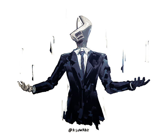 1boy black_gloves business_suit facing_viewer formal gloves hands_up kei-suwabe male_focus necktie simple_background single_glove sketch solo suit twitter_username upper_body virtual_youtuber white_background wrench wrench_(vtuber) wrench_sakkyoku-kei_vtuber