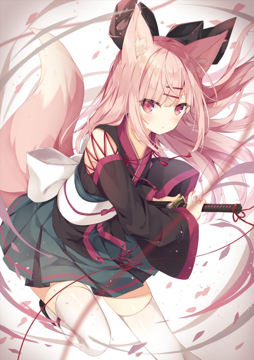 1girl animal_ear_fluff animal_ears back_bow bangs black_bow black_footwear black_kimono black_skirt blush bow closed_mouth commentary_request eyebrows_visible_through_hair floating_hair fox_ears fox_girl fox_tail hair_bow hair_ornament hairclip highres hoshi_(snacherubi) japanese_clothes katana kimono long_hair long_sleeves looking_at_viewer obi original pink_hair pleated_skirt ready_to_draw red_eyes sash shoes skirt solo standing standing_on_one_leg sword tail tail_raised thigh-highs v-shaped_eyebrows very_long_hair weapon white_bow white_legwear wide_sleeves