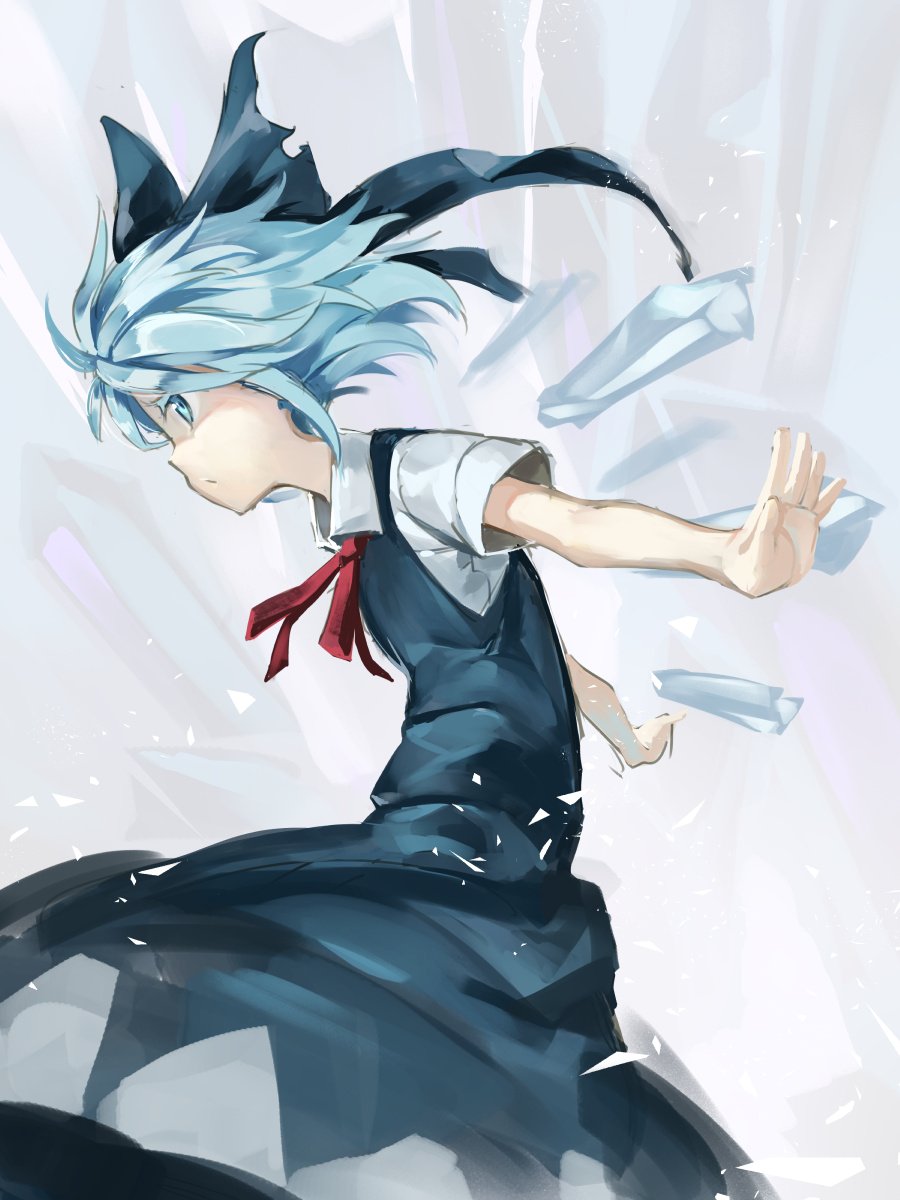 1girl asutora blue_bow blue_dress blue_eyes blue_hair bow cirno colored_eyelashes commentary_request cowboy_shot dress from_side grey_background hair_bow highres ice ice_wings neck_ribbon pinafore_dress profile red_neckwear red_ribbon ribbon shirt short_hair short_sleeves solo touhou white_shirt wings