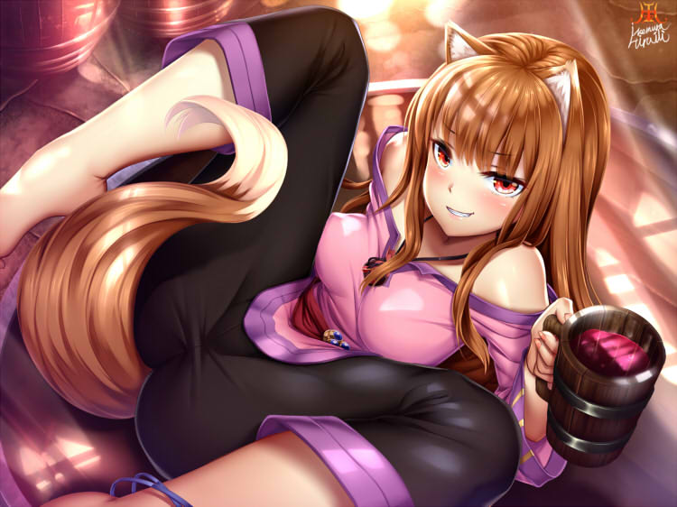 1girl alcohol animal_ears anklet bare_shoulders barefoot blush breasts commentary cup grin hime_cut holo ikemura_hiroichi jewelry long_hair lying medium_breasts mug naughty_face off_shoulder on_back orange_hair pants pouch red_eyes smile solo spice_and_wolf spread_legs sunlight tail wine wolf_ears wolf_tail