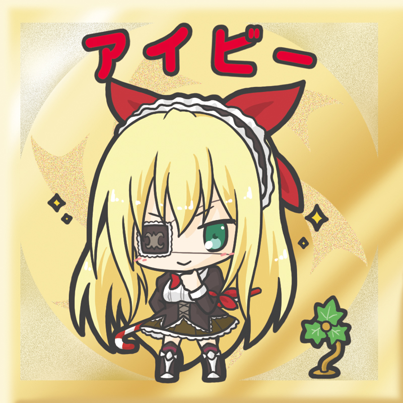 &gt;:) 1girl bangs black_footwear black_hairband black_legwear black_shirt blonde_hair blush boots bow breasts brown_skirt candy candy_cane character_name chibi chin_stroking closed_mouth eyebrows_visible_through_hair eyepatch flower_knight_girl food frilled_hairband frills green_eyes hair_between_eyes hair_ribbon hairband ivy_(flower_knight_girl) juliet_sleeves knee_boots kneehighs long_hair long_sleeves medium_breasts puffy_sleeves red_bow red_ribbon ribbon rinechun shirt skirt smile solo sparkle v-shaped_eyebrows very_long_hair