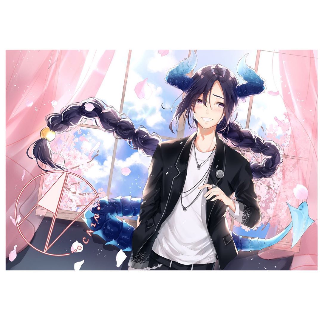 1boy arm_at_side artist_name bangs black_jacket black_pants blue_sky blush braided_ponytail cherry_blossoms curtains day hair_between_eyes hand_up horns indoors jacket jewelry long_hair looking_at_viewer low-tied_long_hair necklace nu10040904 original pants parted_bangs petals purple_hair ring shirt sky smile solo sweatdrop tail very_long_hair violet_eyes white_shirt window