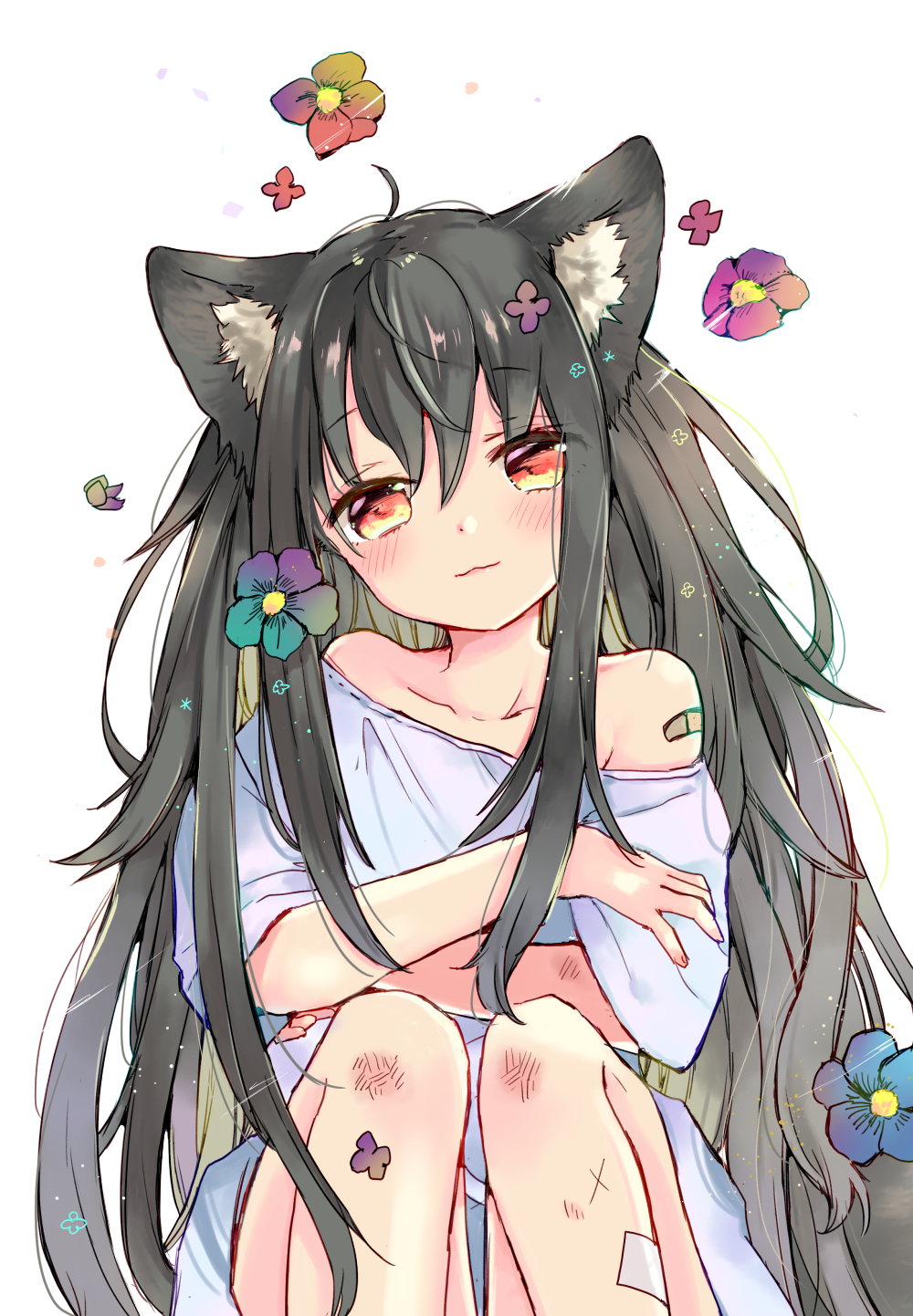 1girl ahoge animal_ear_fluff animal_ears bangs bare_shoulders black_hair blue_dress blue_flower blush bruise closed_mouth collarbone commentary_request dress eyebrows_visible_through_hair flower hair_between_eyes hair_flower hair_ornament head_tilt highres injury knees_up light_smile long_hair looking_at_viewer mitoko_(kuma) off-shoulder_dress off_shoulder original purple_flower red_eyes short_sleeves simple_background sitting solo very_long_hair white_background wolf_ears wolf_girl