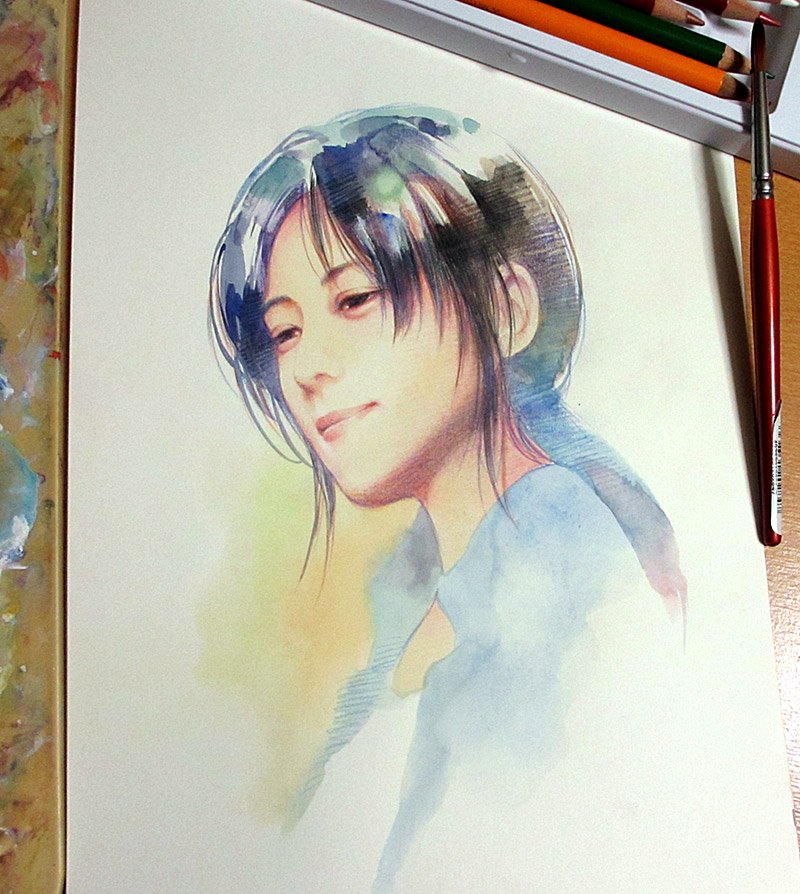 1girl agahari art_brush bangs black_eyes black_hair close-up closed_mouth commentary_request face gradient gradient_background jacket light_smile looking_away looking_back orange_background paintbrush pencil photo ponytail portrait real_life realistic sakai_izumi shiny shiny_hair shirt simple_background smile solo traditional_media upper_body watercolor_(medium) white_background white_shirt yellow_background zard_(group)