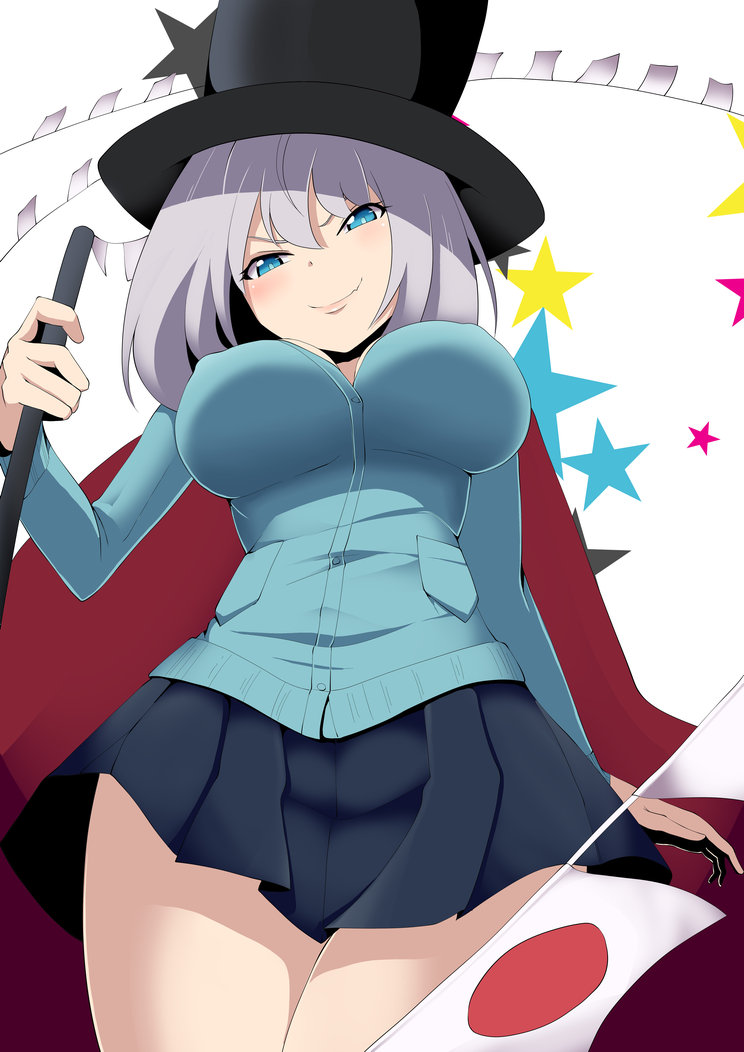 1girl arm_at_side black_headwear blue_cardigan blue_eyes blush breasts buttons cane cape closed_mouth covered_nipples cowboy_shot fang from_below hair_between_eyes hand_up hat holding_cane japanese_flag large_breasts legs_together lips looking_at_viewer looking_down maguro_(fufu) miniskirt pleated_skirt pocket purple_hair short_hair skin_fang skirt smile solo standing star starry_background tejina_senpai tejina_senpai_(character) thighs top_hat v-shaped_eyebrows white_background