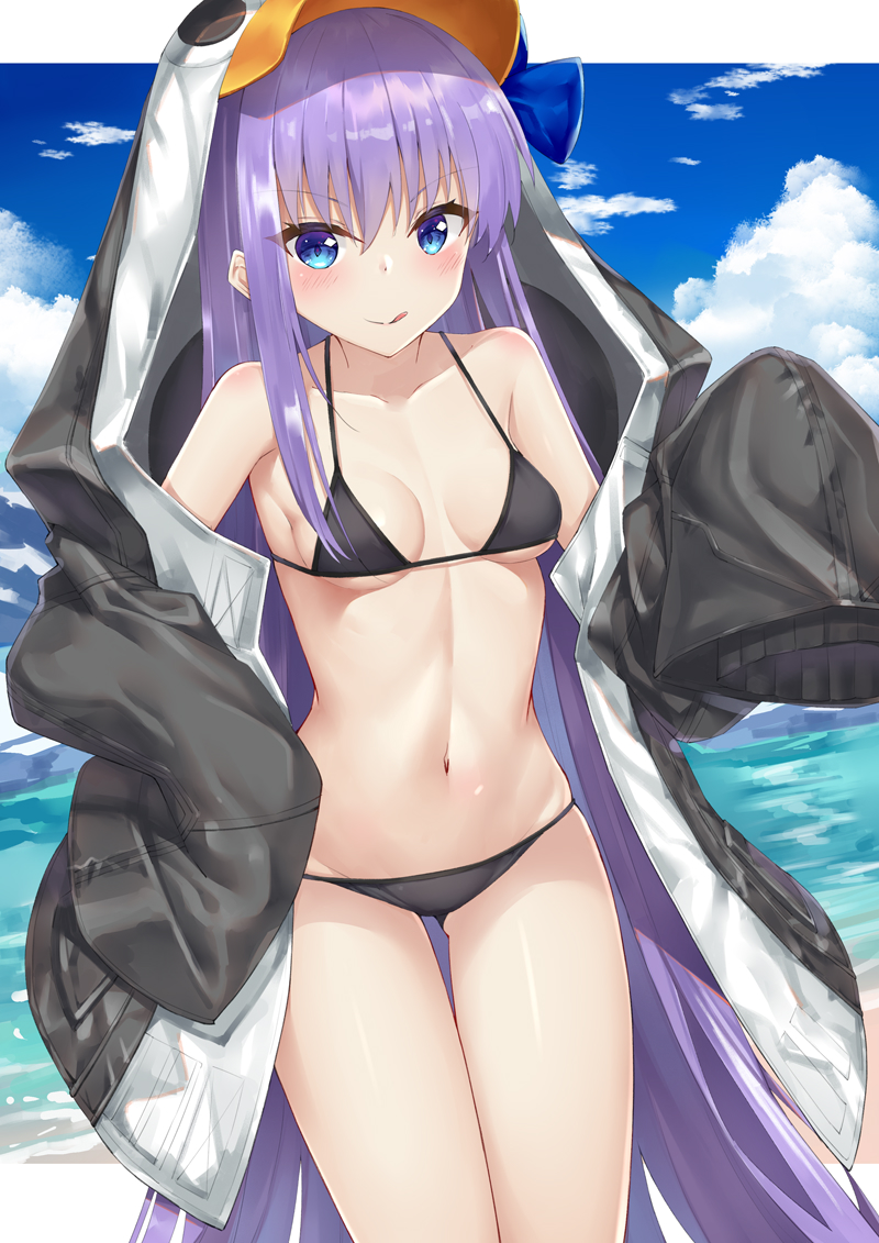 1girl :q animal_costume armpits bare_shoulders bikini black_bikini blue_eyes blue_sky blush breasts clouds collarbone fate/grand_order fate_(series) groin long_hair long_sleeves looking_at_viewer medium_breasts meltryllis meltryllis_(swimsuit_lancer)_(fate) navel penguin_costume purple_hair rong_yi_tan sidelocks sky smile solo standing stomach swimsuit thigh_gap tongue tongue_out very_long_hair