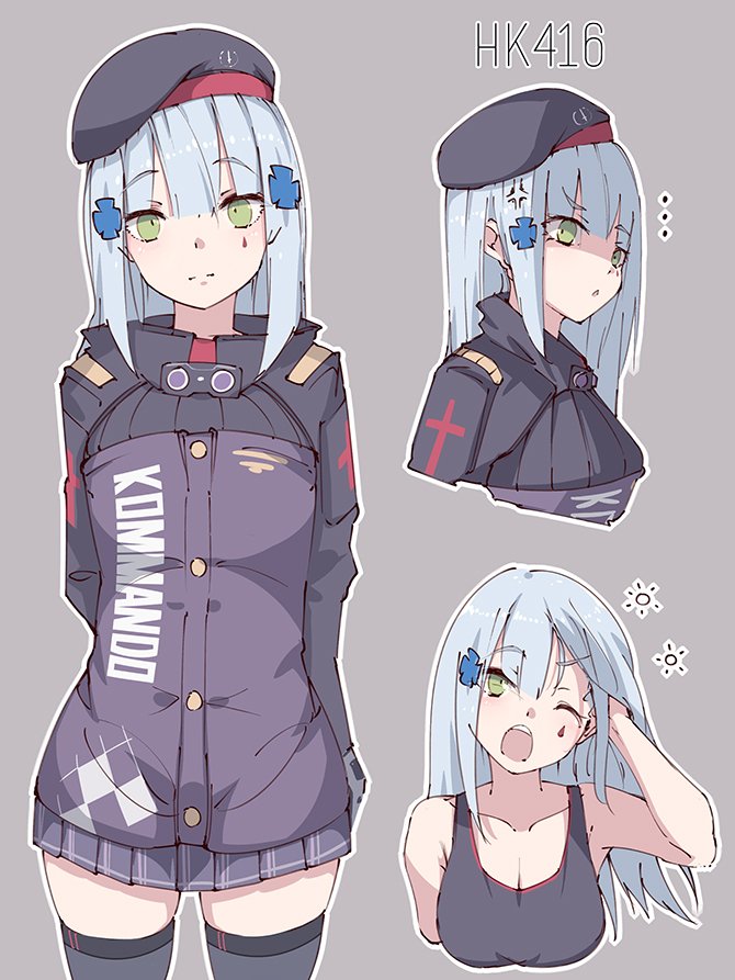 ... 1girl anger_vein angry arms_behind_back bare_shoulders beret black_legwear breasts brown_background character_name collarbone commentary cowboy_shot eyebrows_visible_through_hair girls_frontline gloves gloves_removed green_eyes hair_ornament hand_in_hair hat hat_removed headwear_removed hk416_(girls_frontline) jacket jacket_removed katuo1129 long_hair long_sleeves looking_at_viewer medium_breasts multiple_views one_eye_closed open_mouth pleated_skirt raised_eyebrows scratching_head silver_hair simple_background skirt solo standing yawning