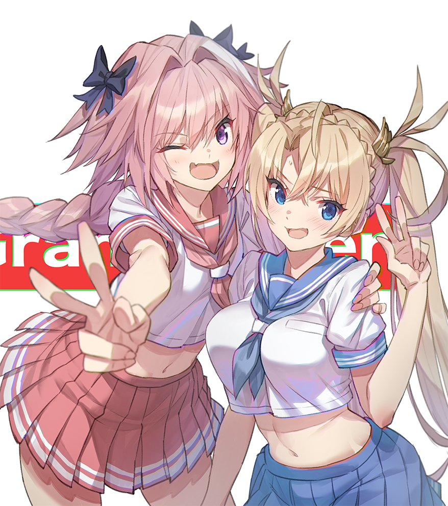 1boy 1girl ahoge astolfo_(fate) blonde_hair blue_eyes bow bradamante_(fate/grand_order) braid breasts fang fate/grand_order fate_(series) hair_bow long_hair midriff navel one_eye_closed otoko_no_ko pink_hair pleated_skirt saitou_masatsugu school_uniform skirt twintails v violet_eyes